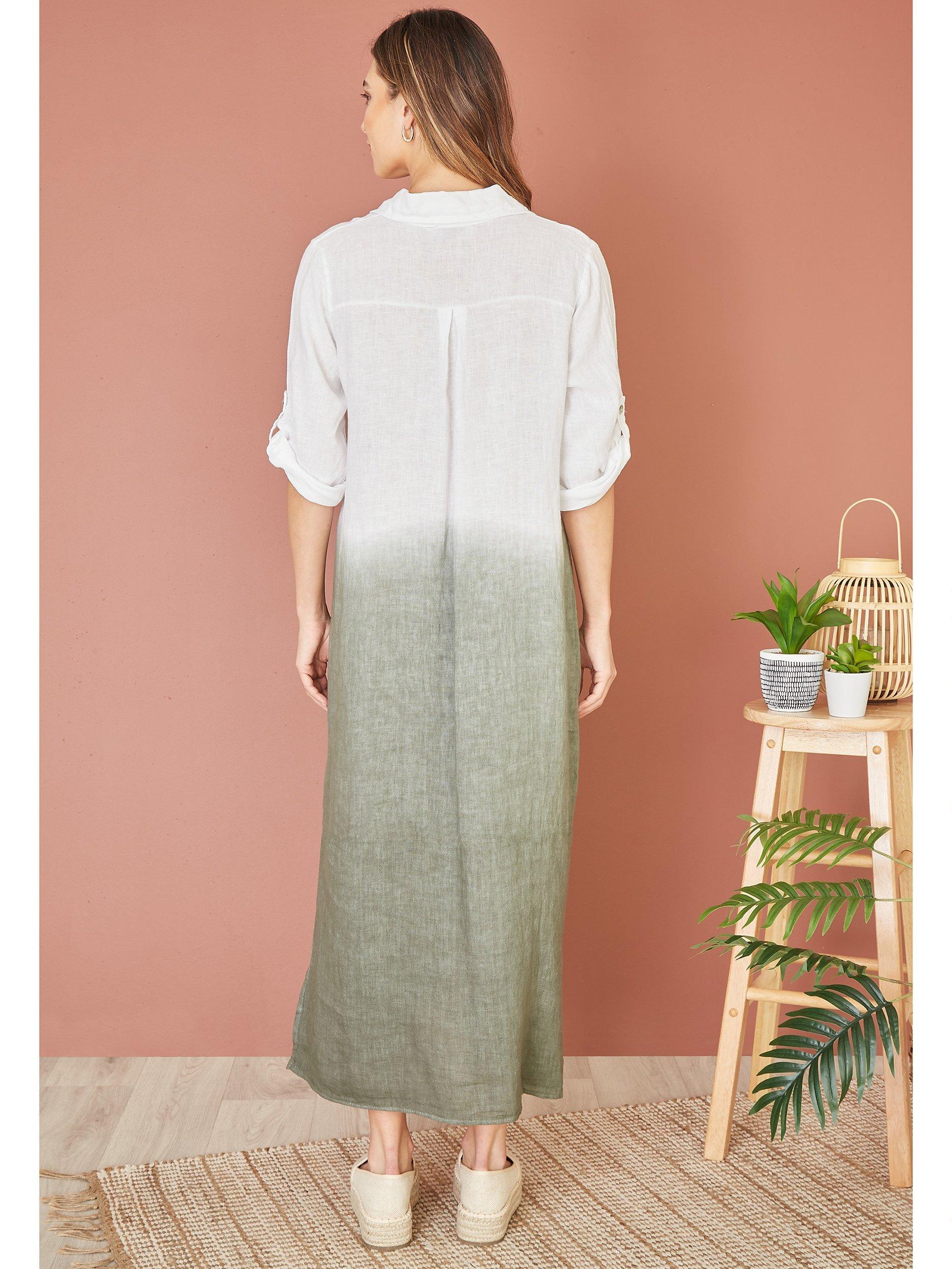 Product image 3 of 4, which shows Yumi Italian Linen Dip Dye Midi Shirt Dress, Khaki/White, S-M