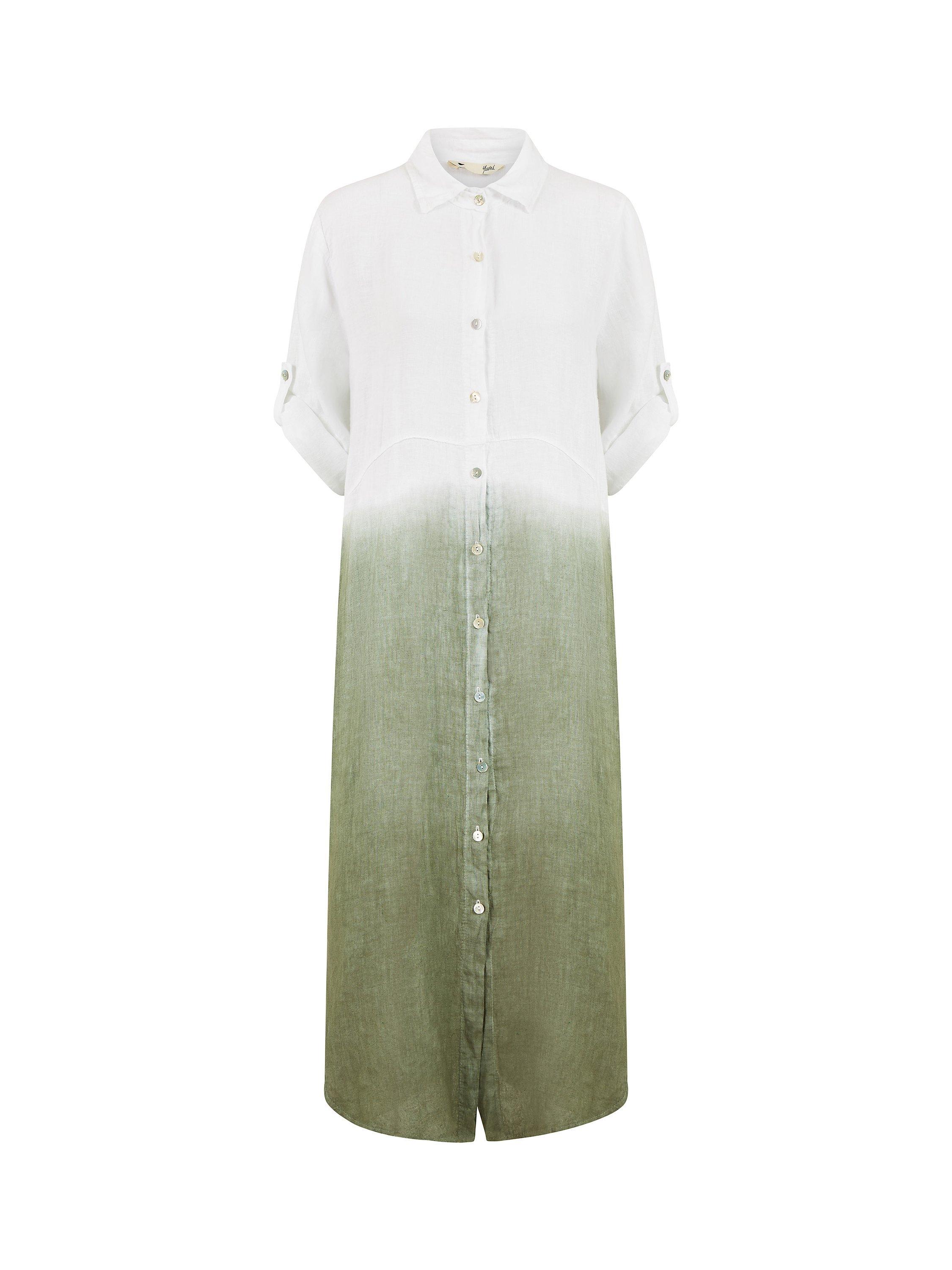 Product image 4 of 4, which shows Yumi Italian Linen Dip Dye Midi Shirt Dress, Khaki/White, S-M