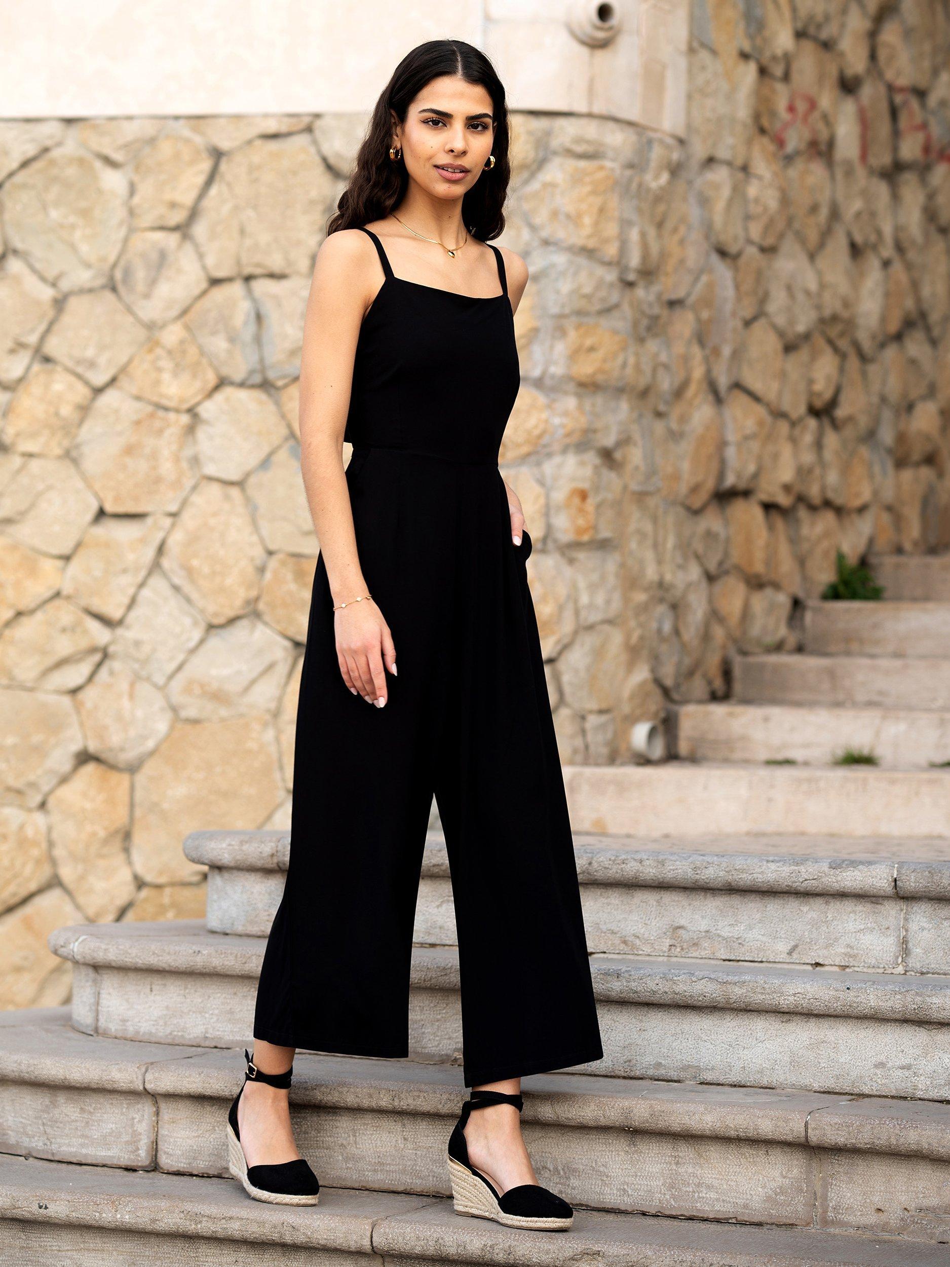 Product image 1 of 6, which shows Yumi Tie Back Wide Leg Jumpsuit, Black, 8
