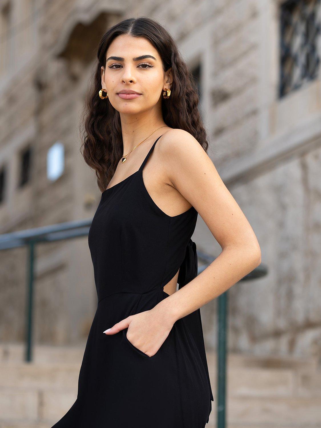 Product image 4 of 6, which shows Yumi Tie Back Wide Leg Jumpsuit, Black, 8