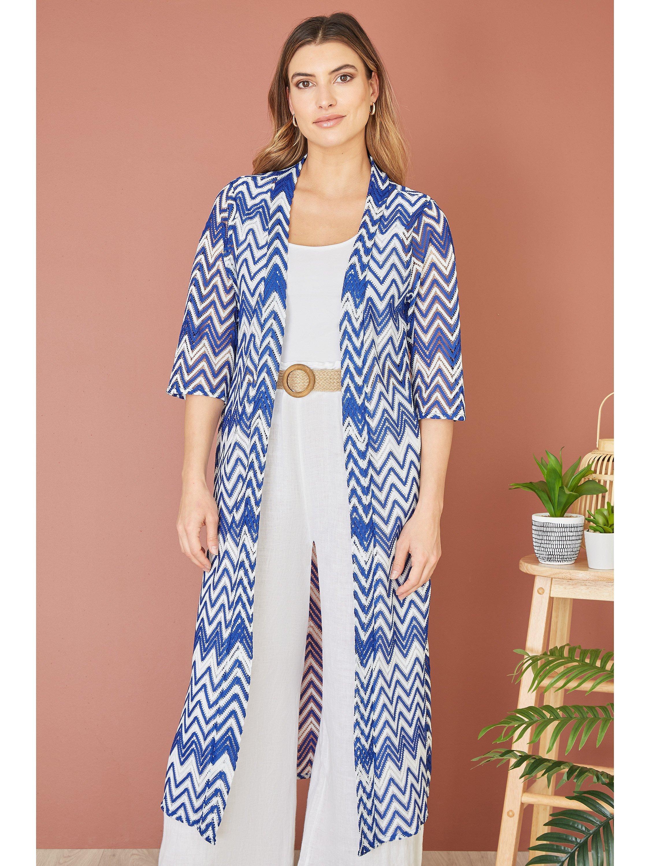 Product image 1 of 5, which shows Yumi Zig Zag Crochet Kimono, Navy, 8