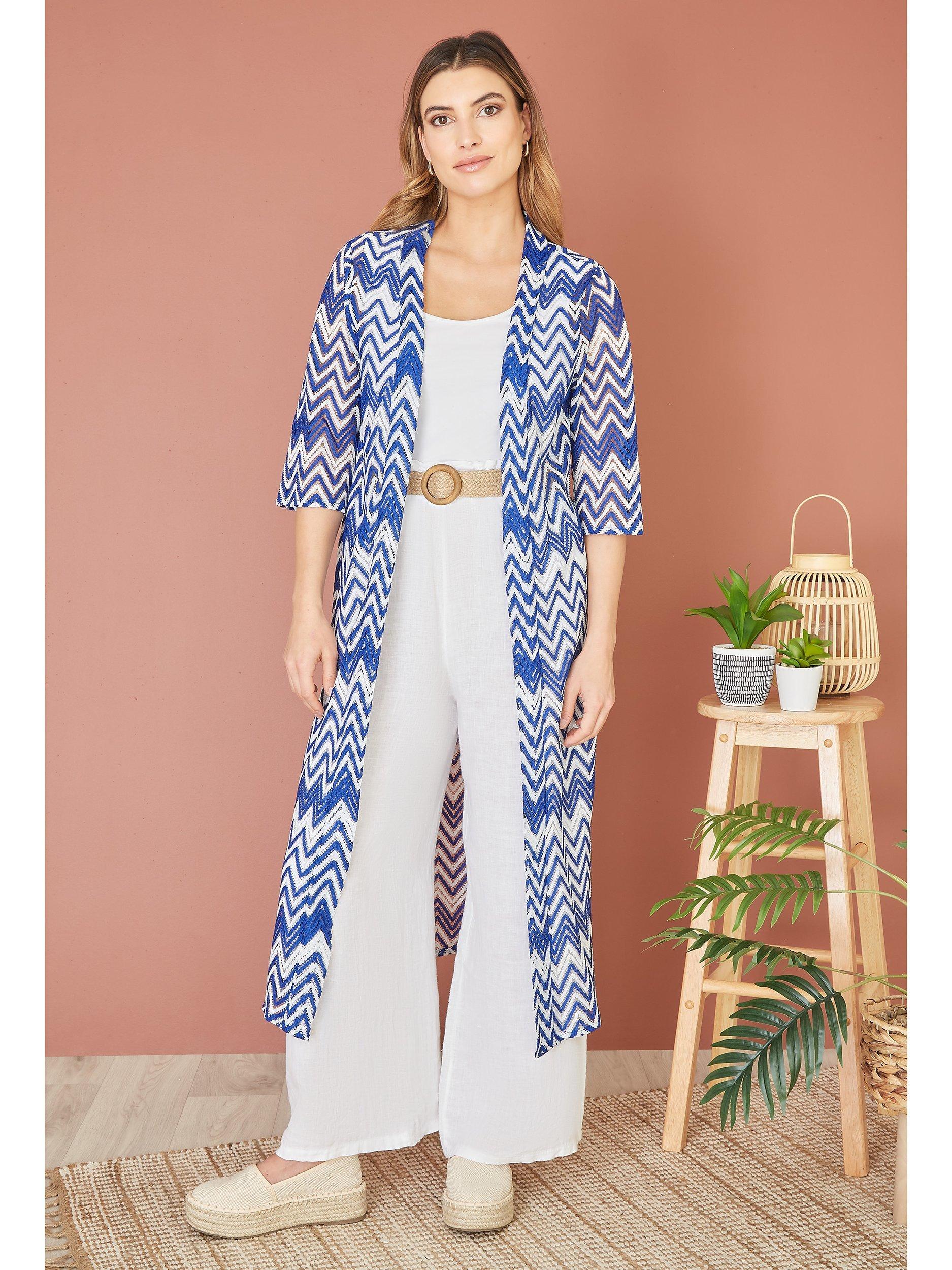 Product image 2 of 5, which shows Yumi Zig Zag Crochet Kimono, Navy, 8