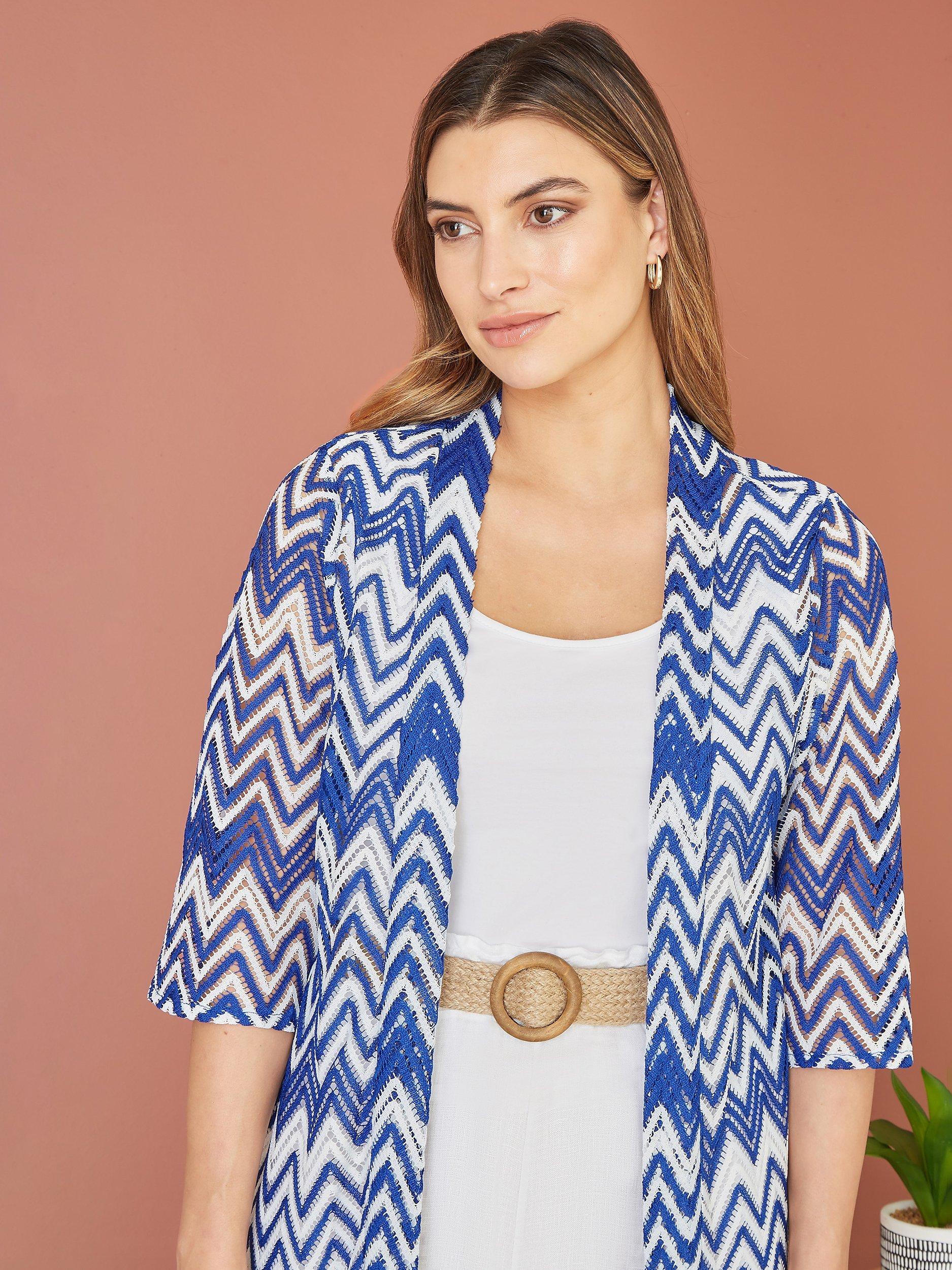 Product image 4 of 5, which shows Yumi Zig Zag Crochet Kimono, Navy, 8