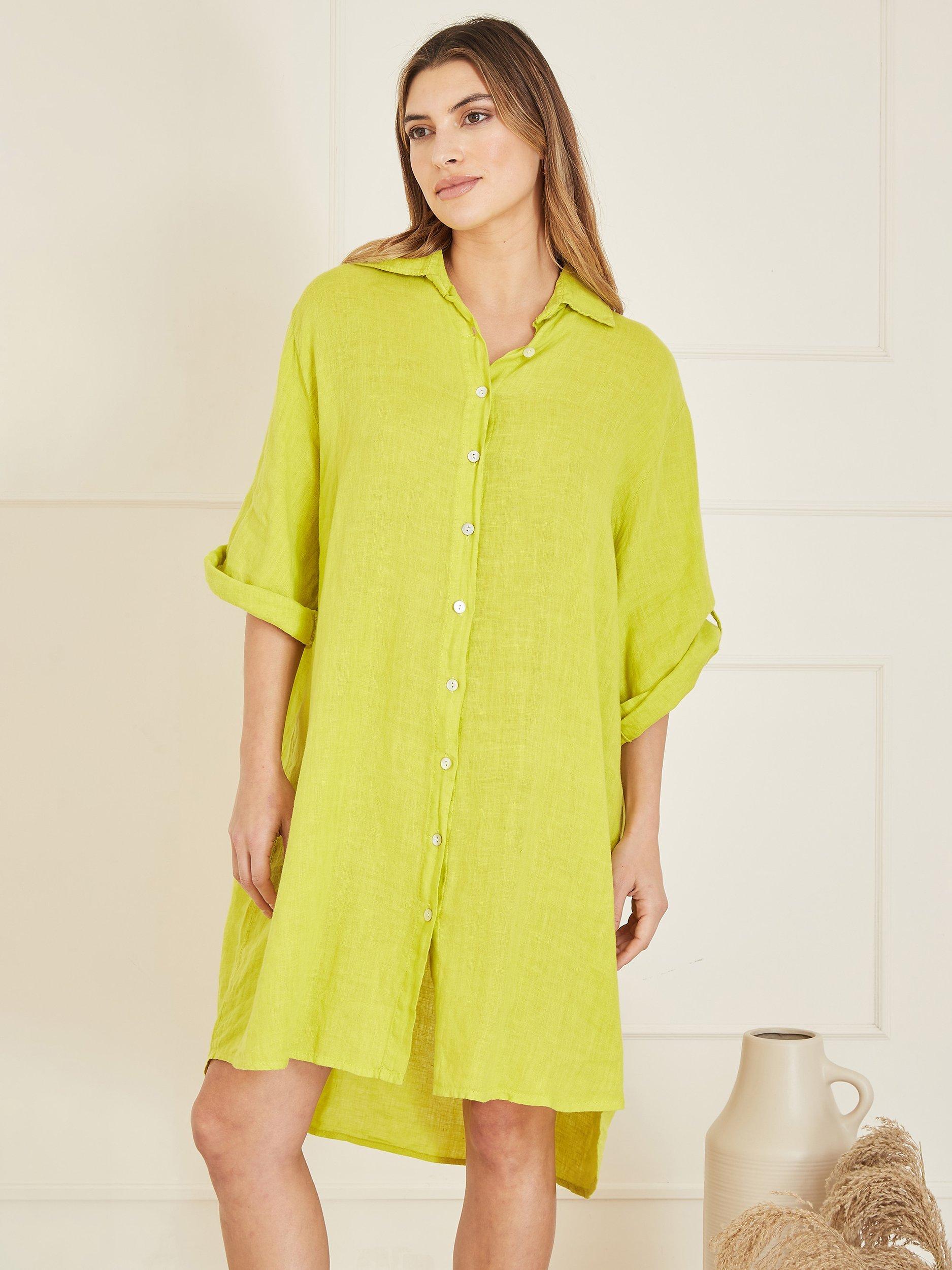 Product image 1 of 4, which shows Yumi Linen Relaxed Fit Longline Shirt Dress, Lime, S