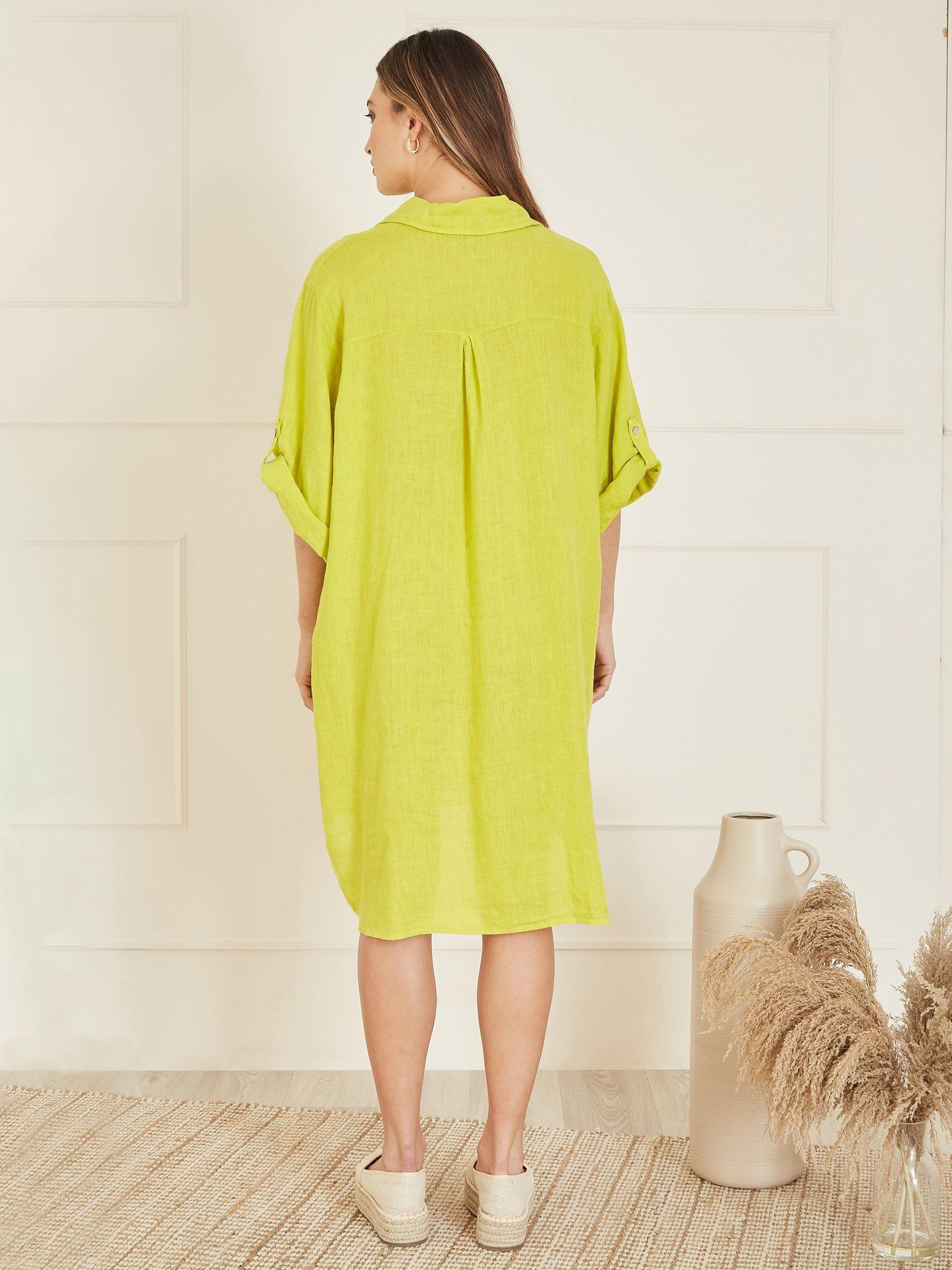 Product image 3 of 4, which shows Yumi Linen Relaxed Fit Longline Shirt Dress, Lime, S