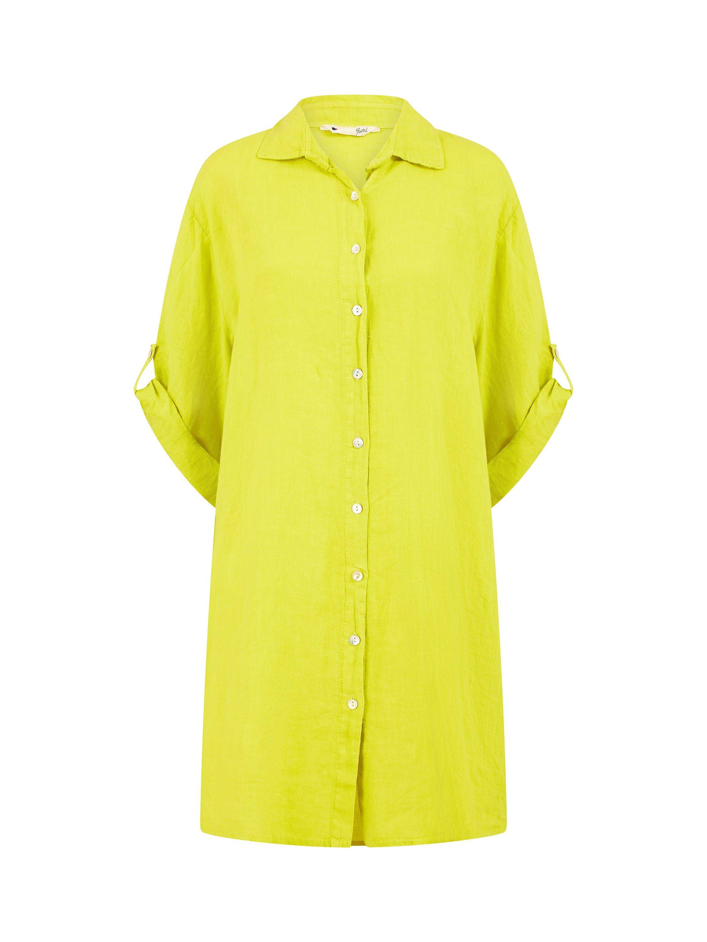 Product image 4 of 4, which shows Yumi Linen Relaxed Fit Longline Shirt Dress, Lime, S