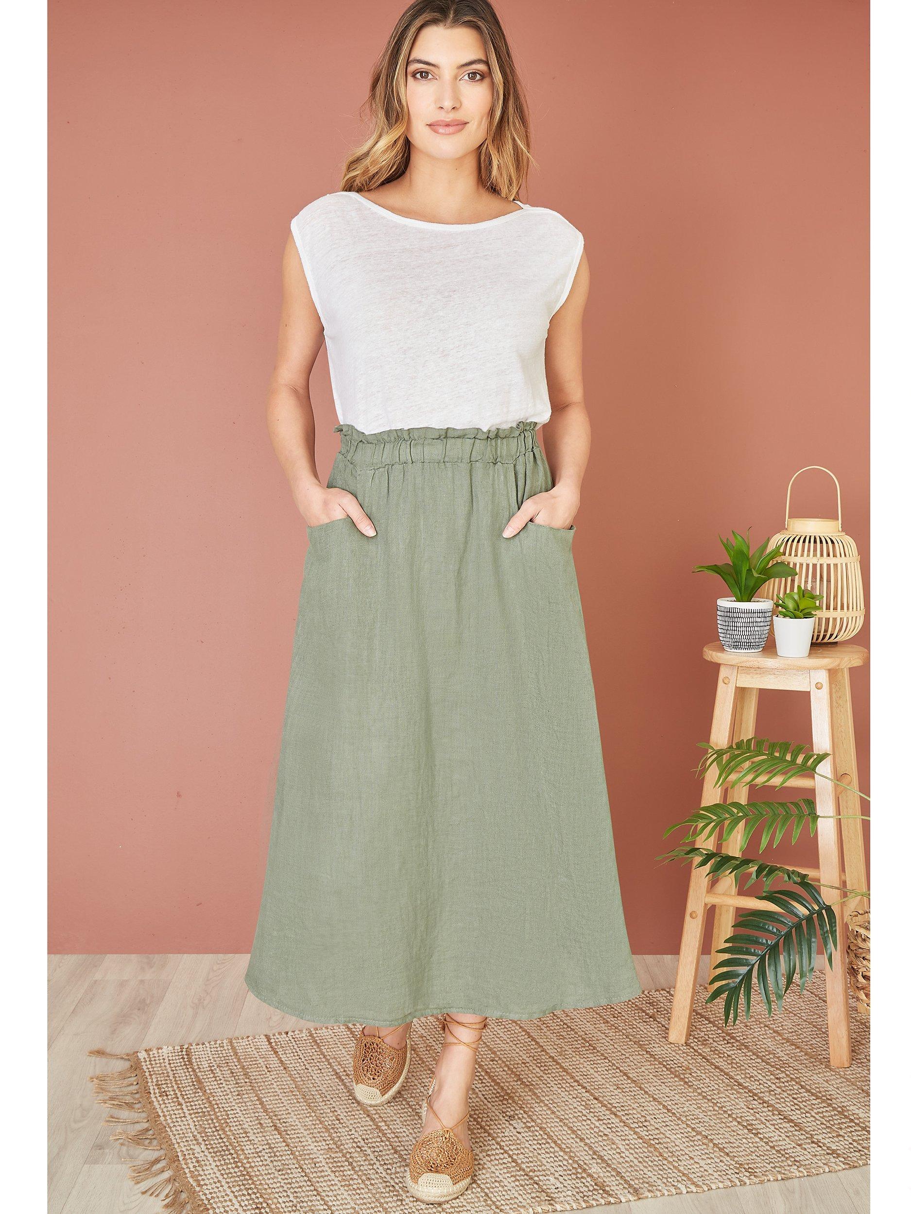 Product image 2 of 4, which shows Yumi Italian Linen Skirt, Khaki, S