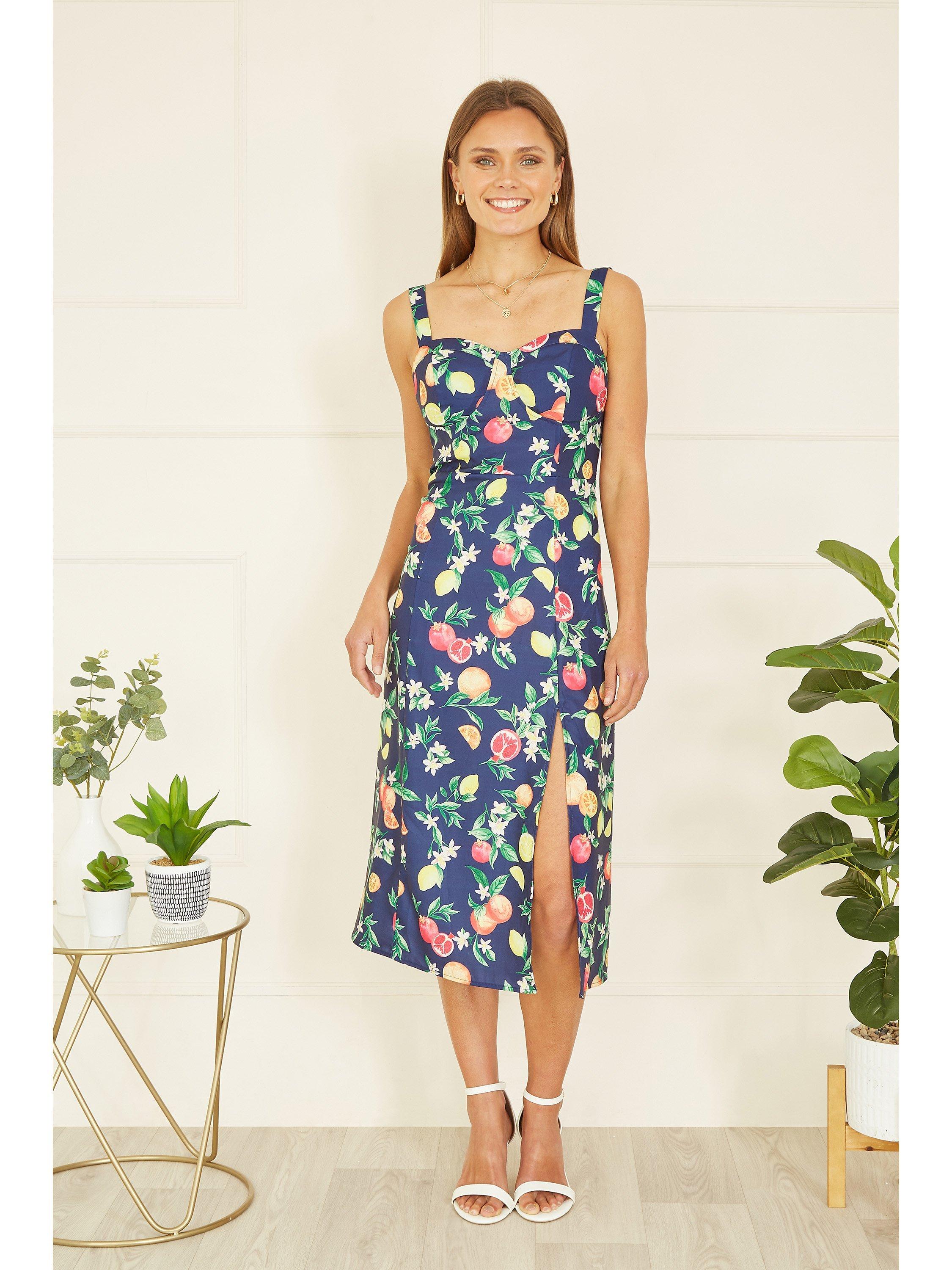 Product image 3 of 5, which shows Yumi Fruit Print Midi Sun Dress, Navy, 8