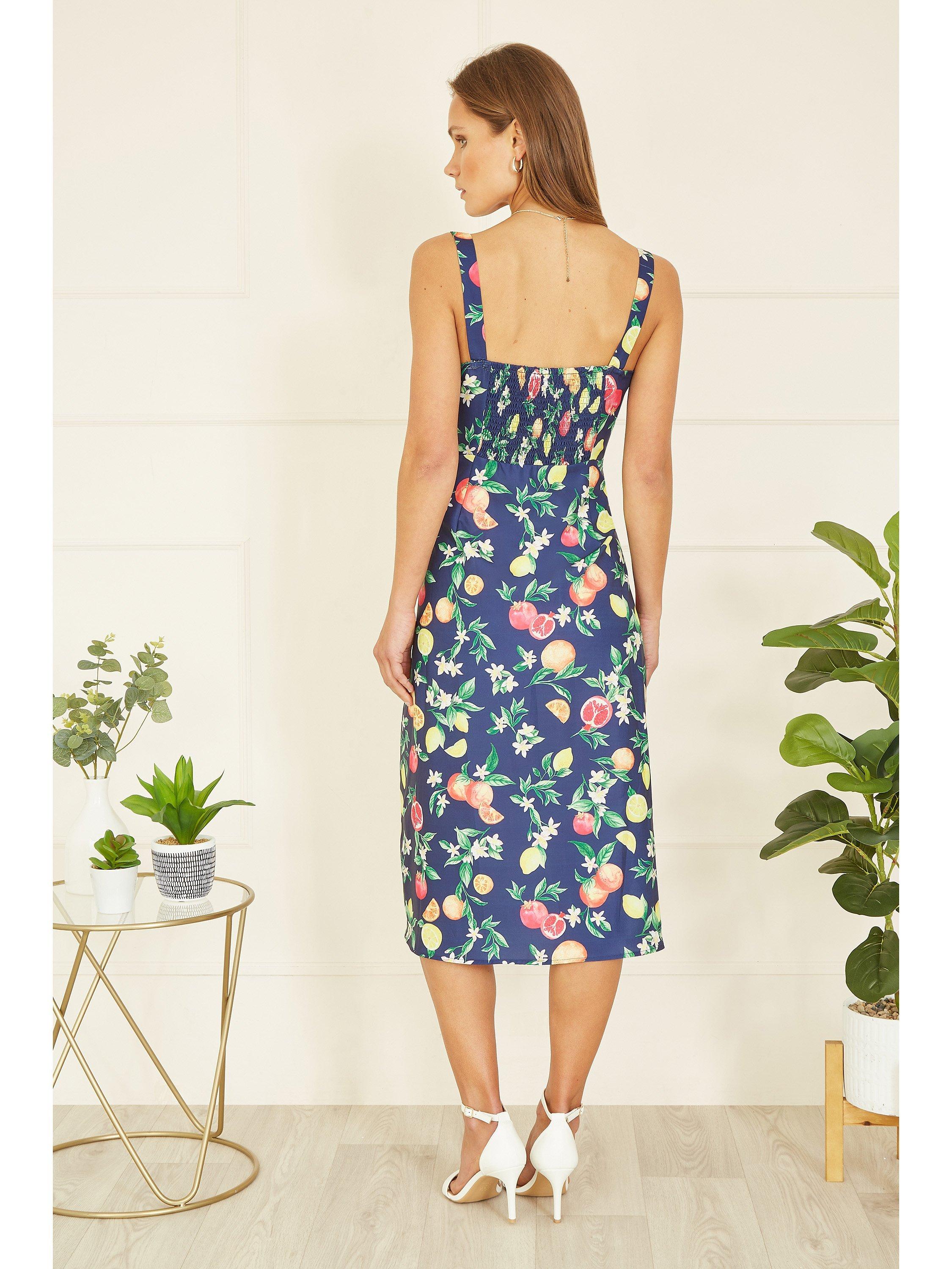 Product image 4 of 5, which shows Yumi Fruit Print Midi Sun Dress, Navy, 8