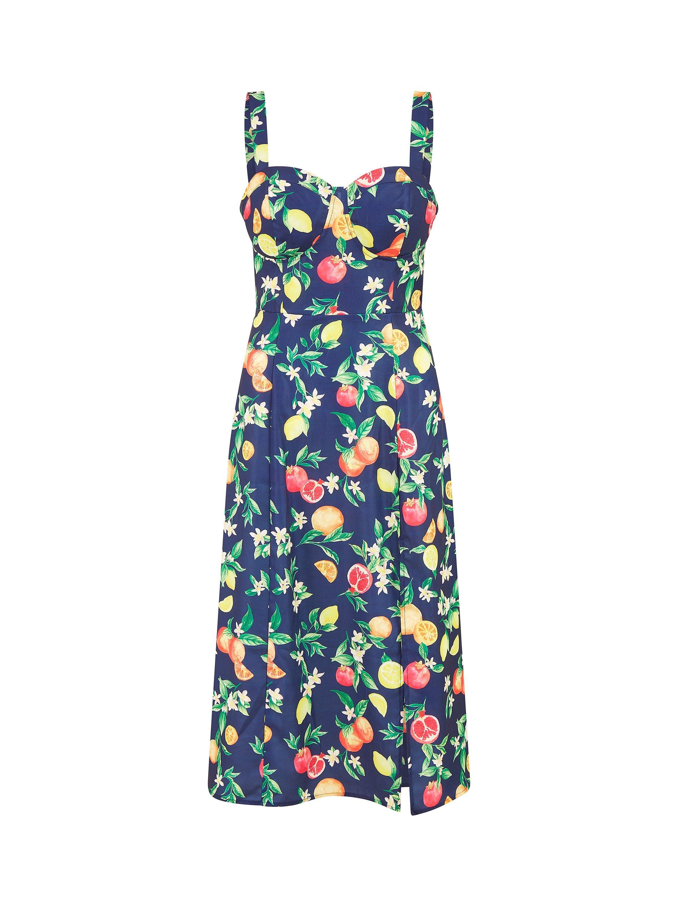 Product image 5 of 5, which shows Yumi Fruit Print Midi Sun Dress, Navy, 8