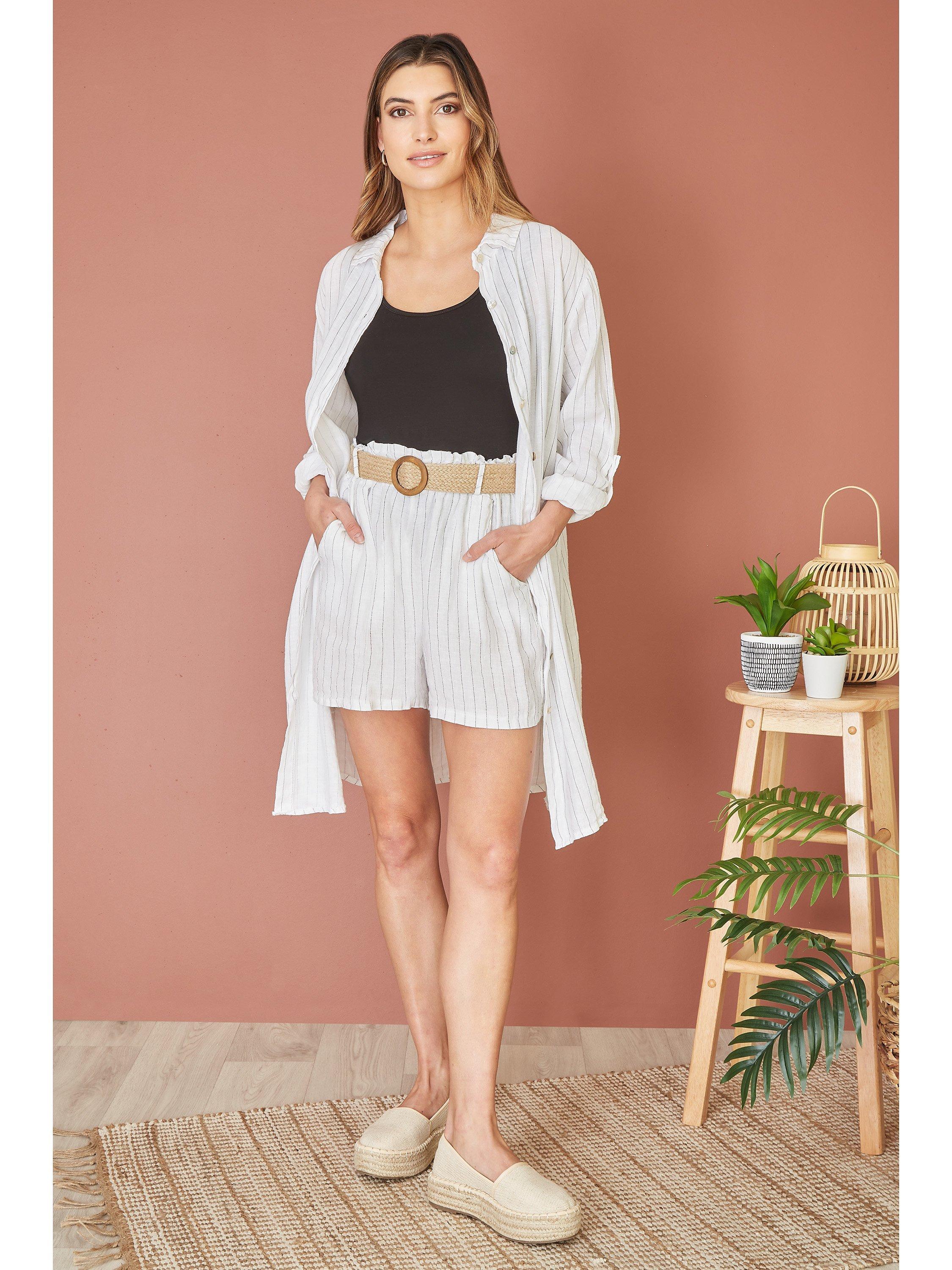Product image 2 of 4, which shows Yumi Linen Relaxed Fit Longline Shirt Dress, White Stripe, S