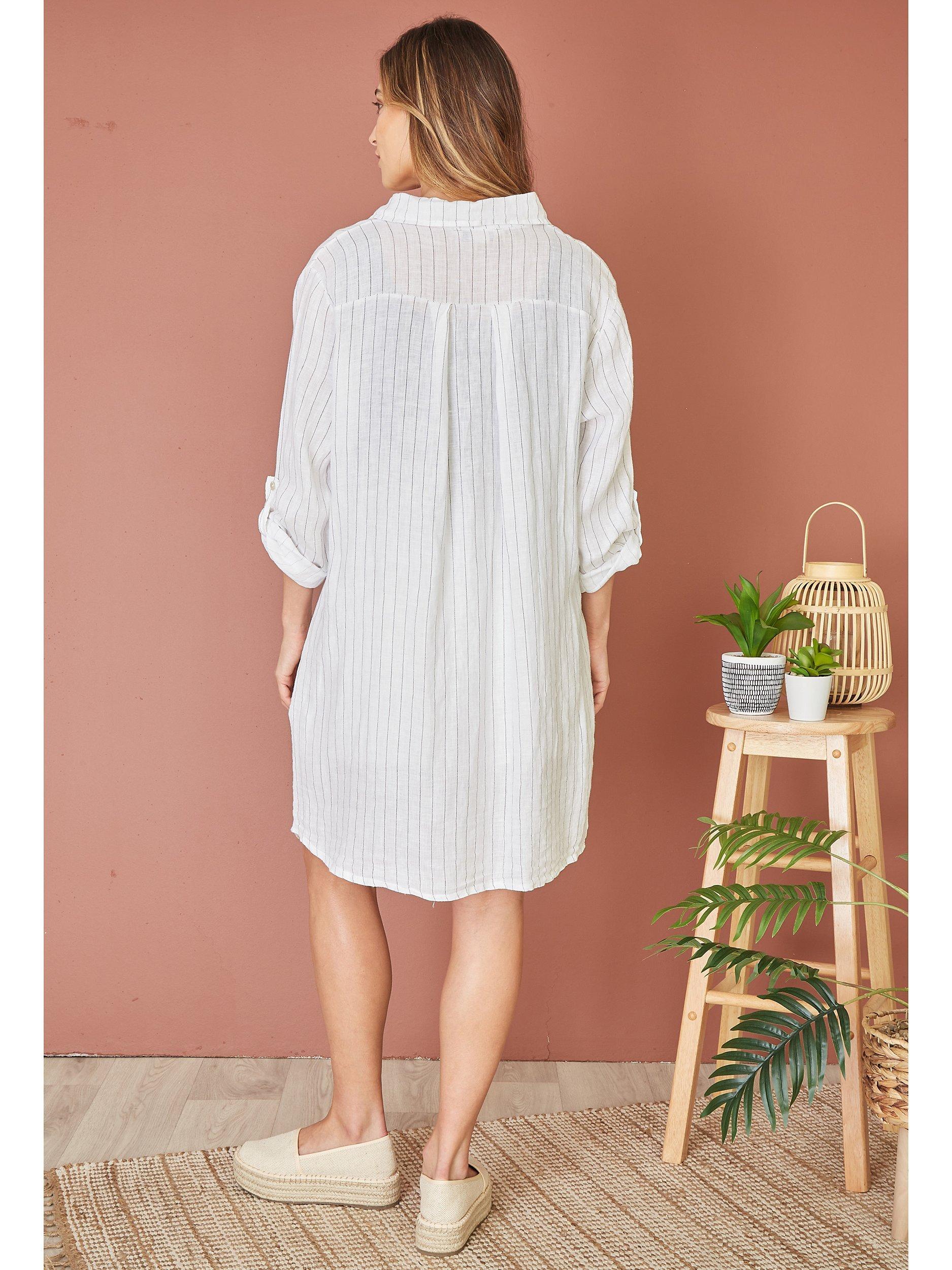 Product image 3 of 4, which shows Yumi Linen Relaxed Fit Longline Shirt Dress, White Stripe, S