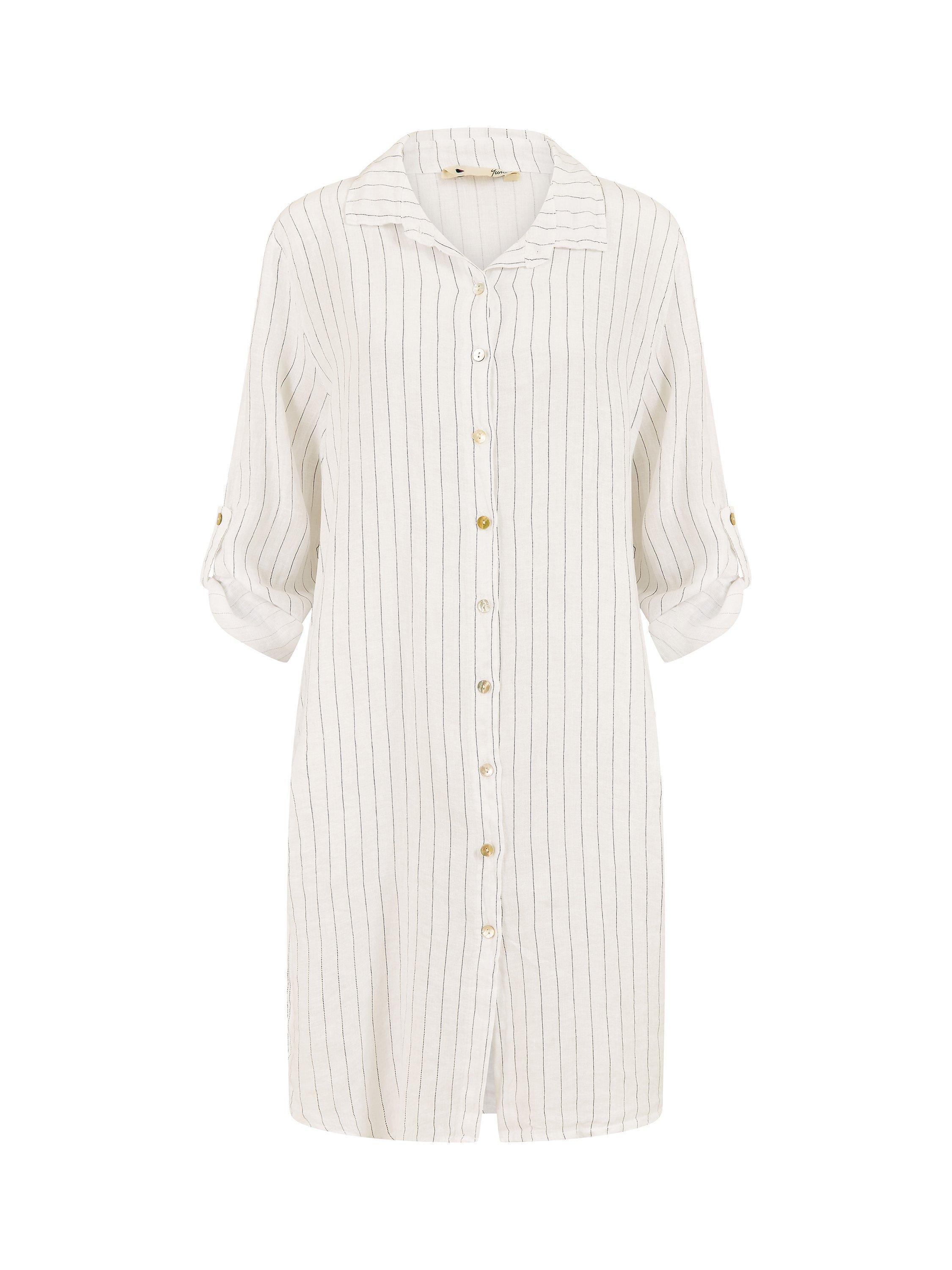 Product image 4 of 4, which shows Yumi Linen Relaxed Fit Longline Shirt Dress, White Stripe, S