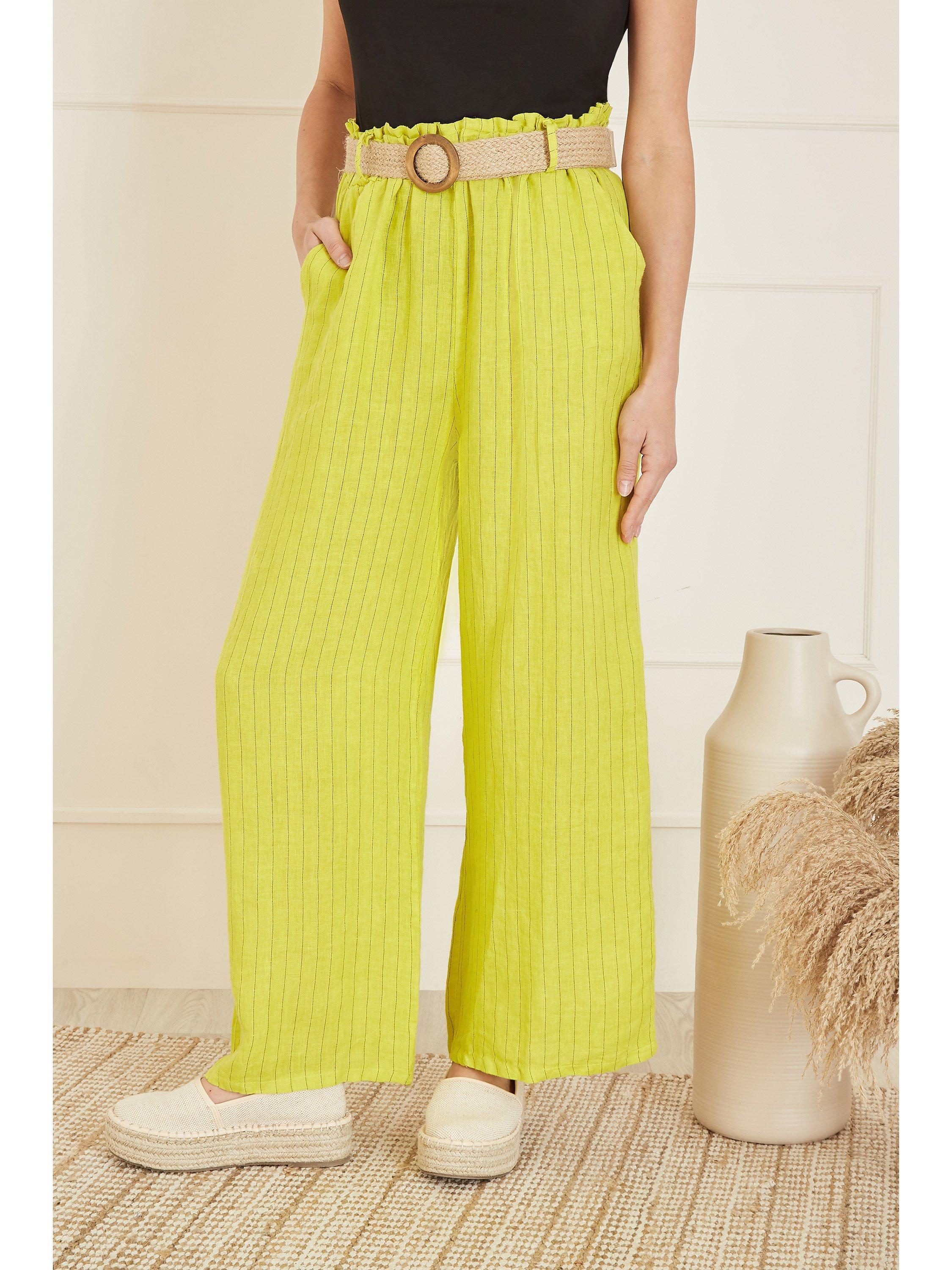 Product image 1 of 4, which shows Yumi Italian Linen Striped Wide Leg Trousers & Belt, Lime, S