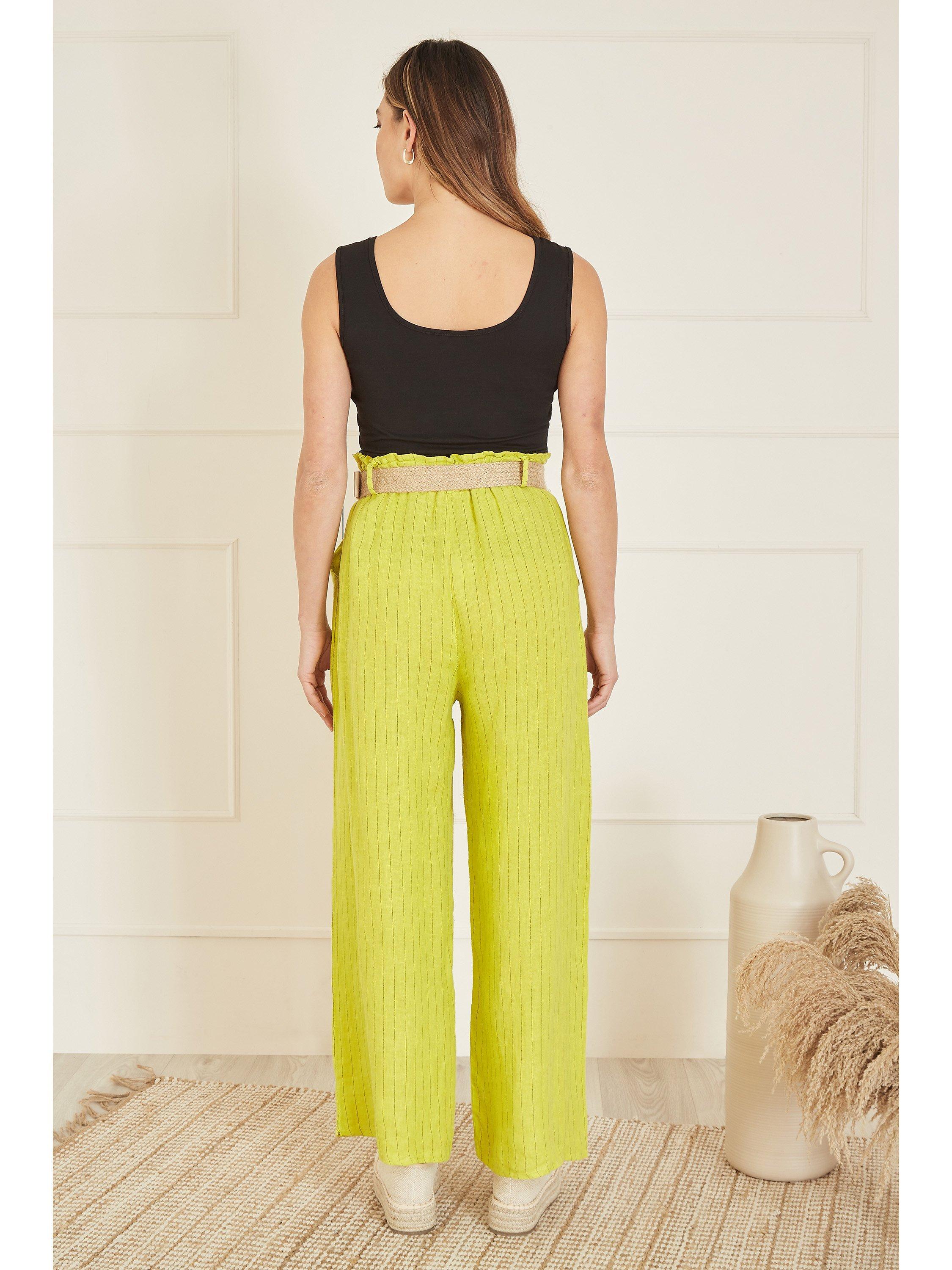 Product image 3 of 4, which shows Yumi Italian Linen Striped Wide Leg Trousers & Belt, Lime, S