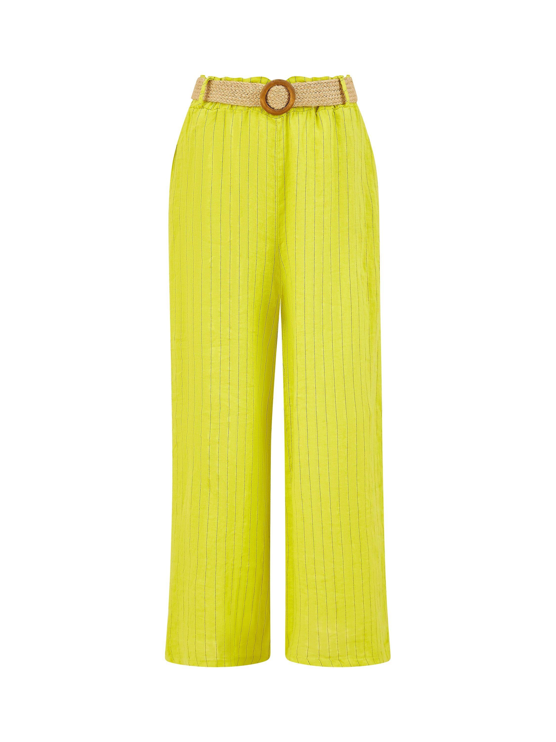 Product image 4 of 4, which shows Yumi Italian Linen Striped Wide Leg Trousers & Belt, Lime, S