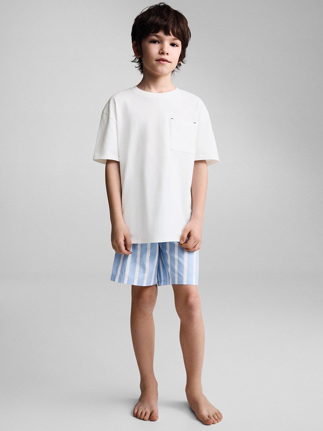 Mango Kids' Salt T-Shirt & Stripe Shorts Pyjamas Set, Natural White