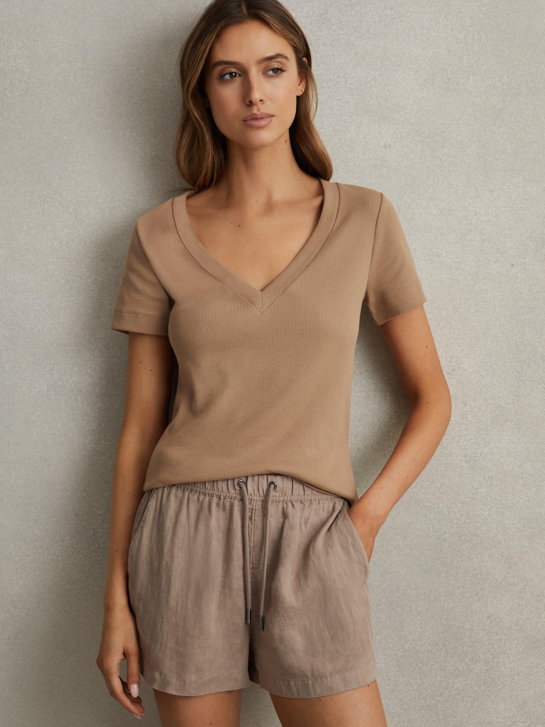 Reiss Becca V-Neck Ribbed T-Shirt, Camel