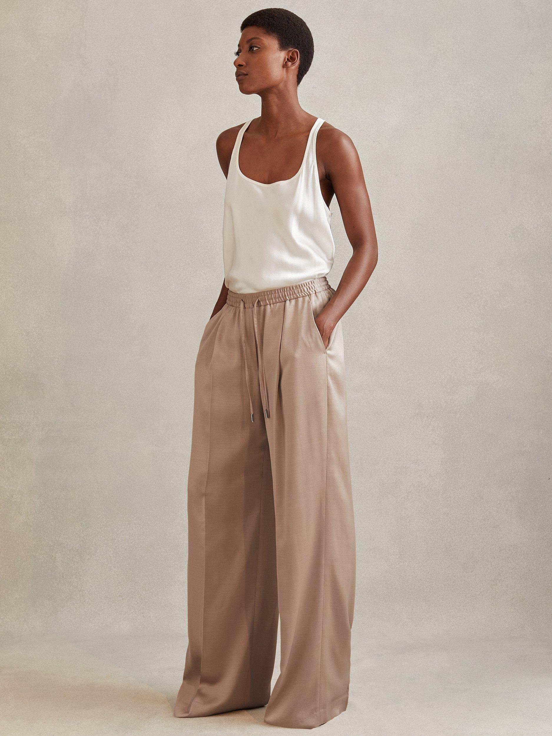 Product image 3 of 4, which shows Reiss Cole Wide Leg Satin Drawstring Suit Trousers, Gold, 10R
