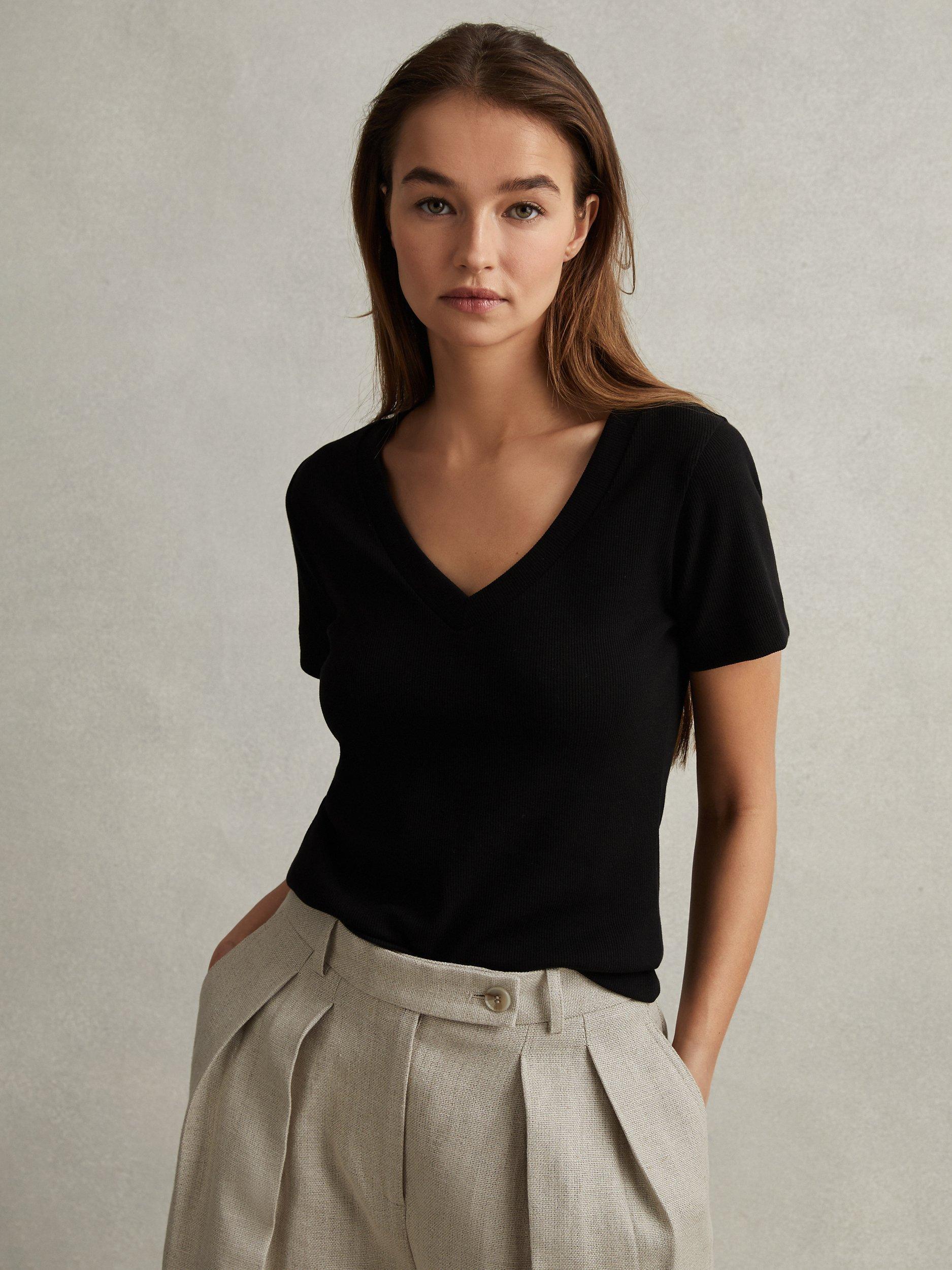 Reiss Becca V-Neck Ribbed T-Shirt, Black