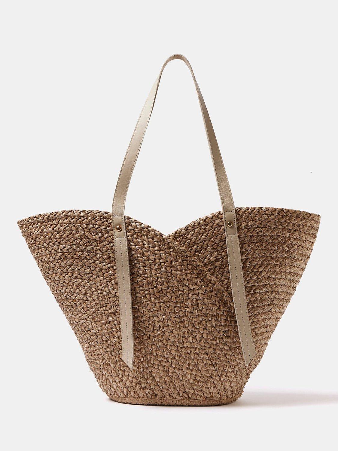 Mint Velvet Scallop Leather Trim Straw Bag, Beige