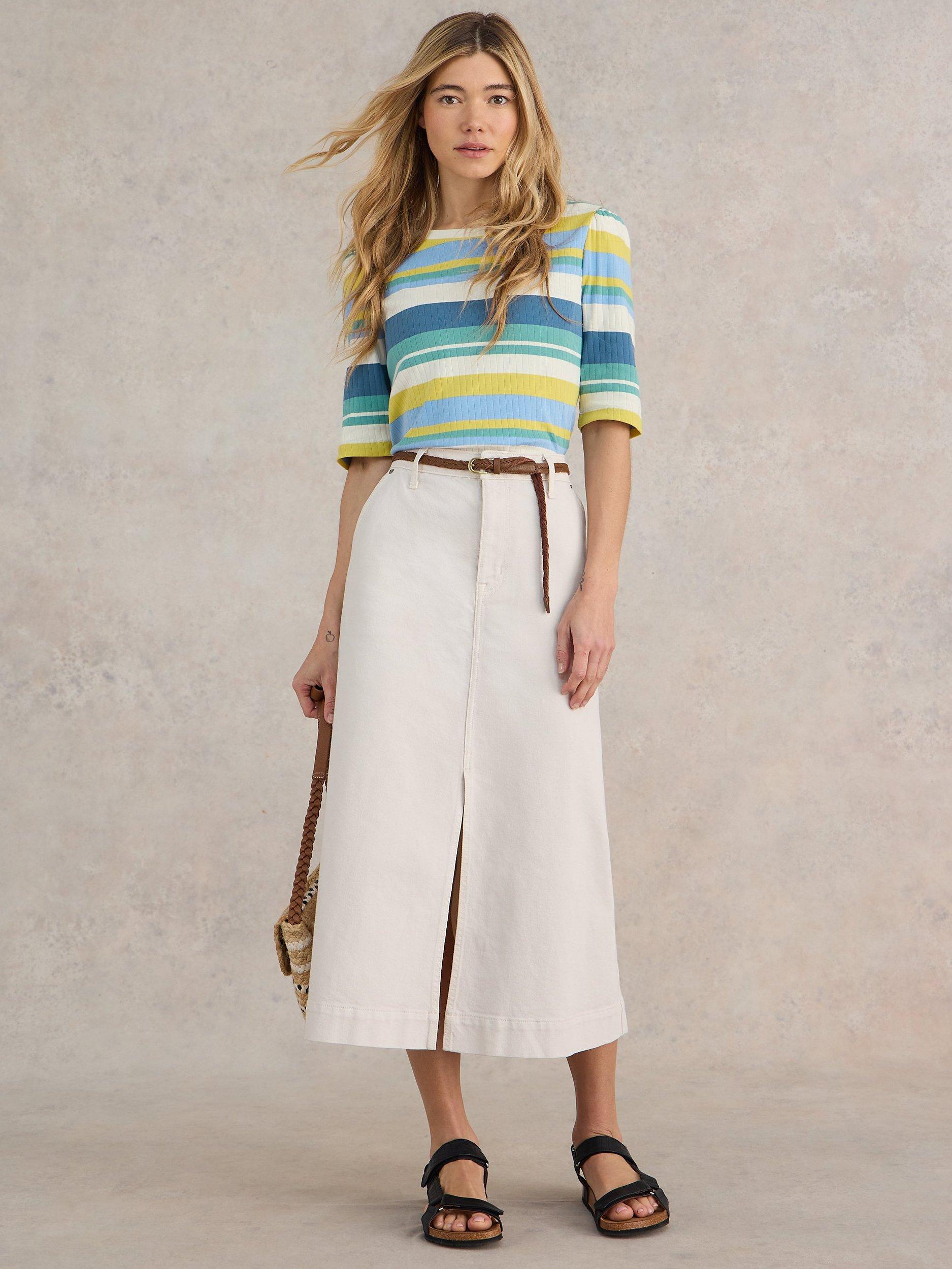 White Stuff Striped Puff Sleeve T-Shirt, Multi