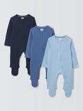 John Lewis Baby Two Way Zip Ribbed Cotton Sleepsuit, Pack of 3, Multi