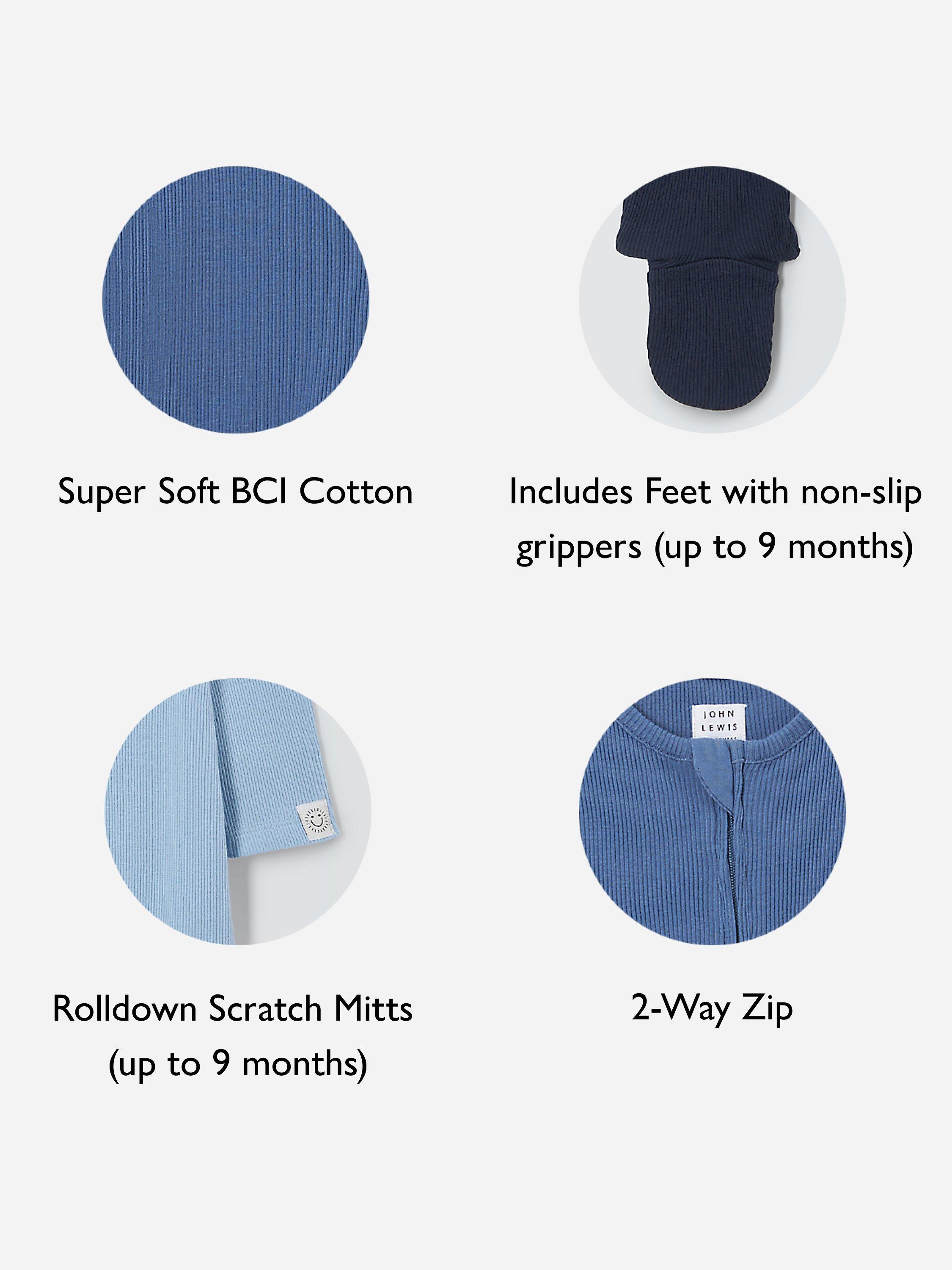 Product image 2 of 4, which shows John Lewis Baby Two Way Zip Ribbed Cotton Sleepsuit, Pack of 3, Multi, 6-9 months