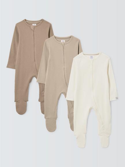 John Lewis Baby Cotton Two Way Zip Ribbed Cotton Sleepsuit, Pack of 3, Multi, Multi