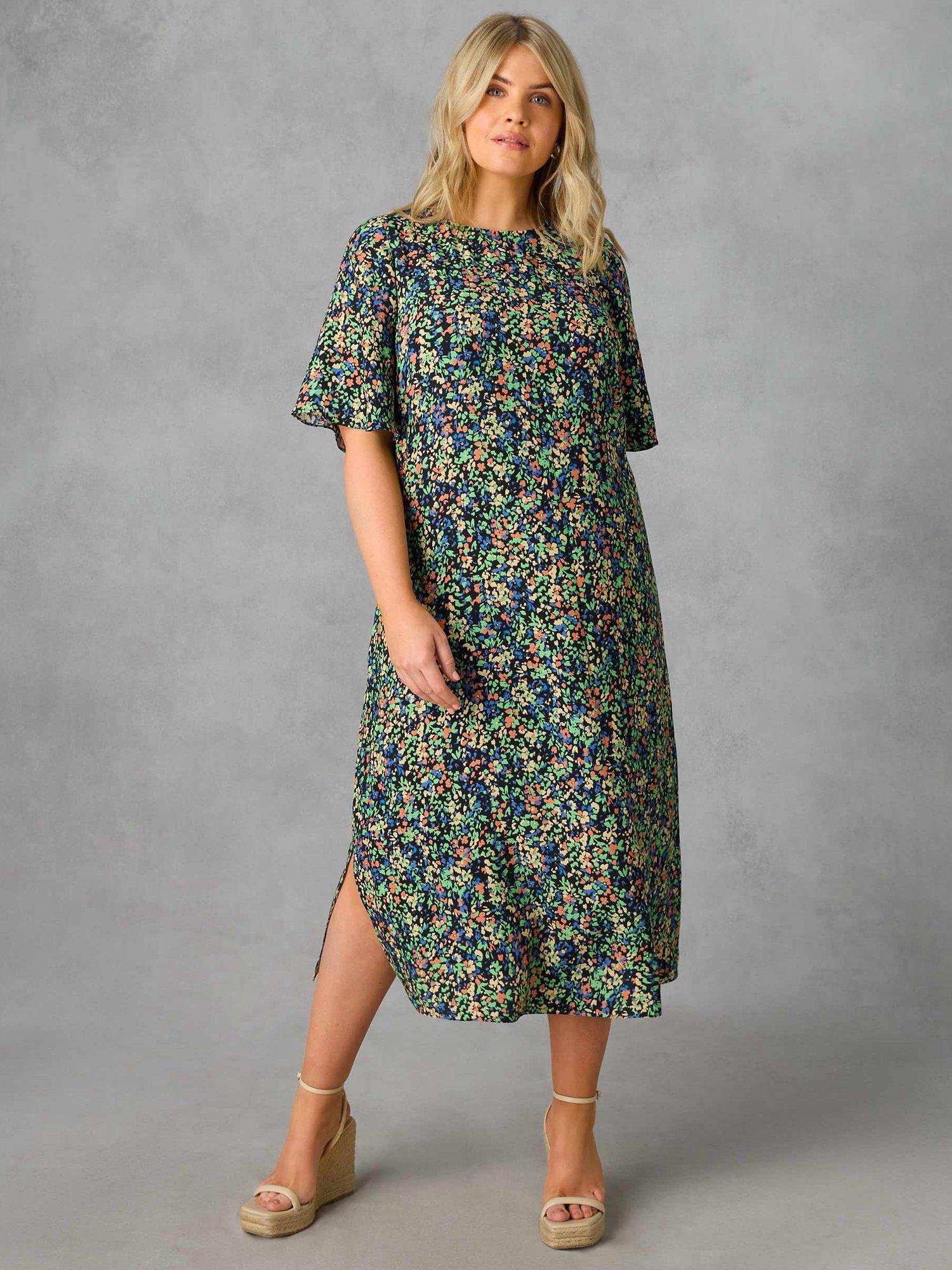 Live Unlimited Curve Floral T-Shirt Midi Dress, Black/Multi, 16