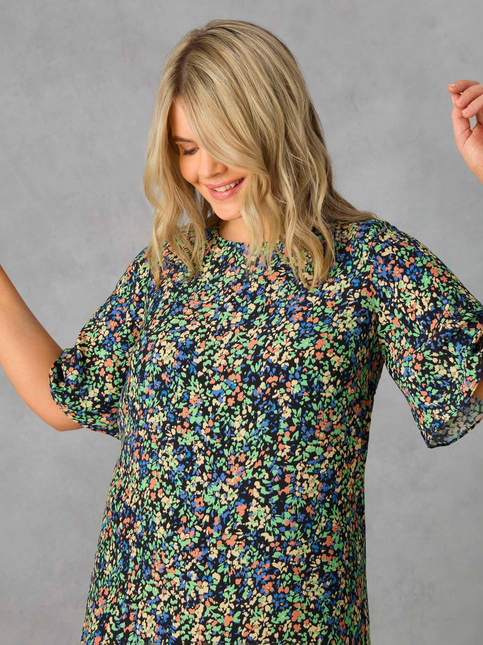 Live Unlimited Curve Floral T-Shirt Midi Dress, Black/Multi, 16