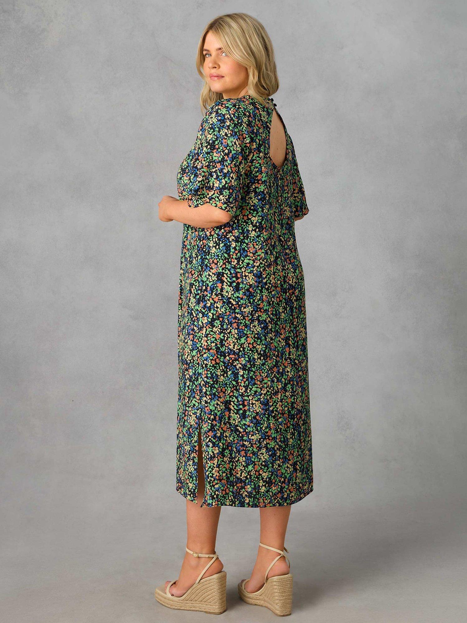 Live Unlimited Curve Floral T-Shirt Midi Dress, Black/Multi, 16