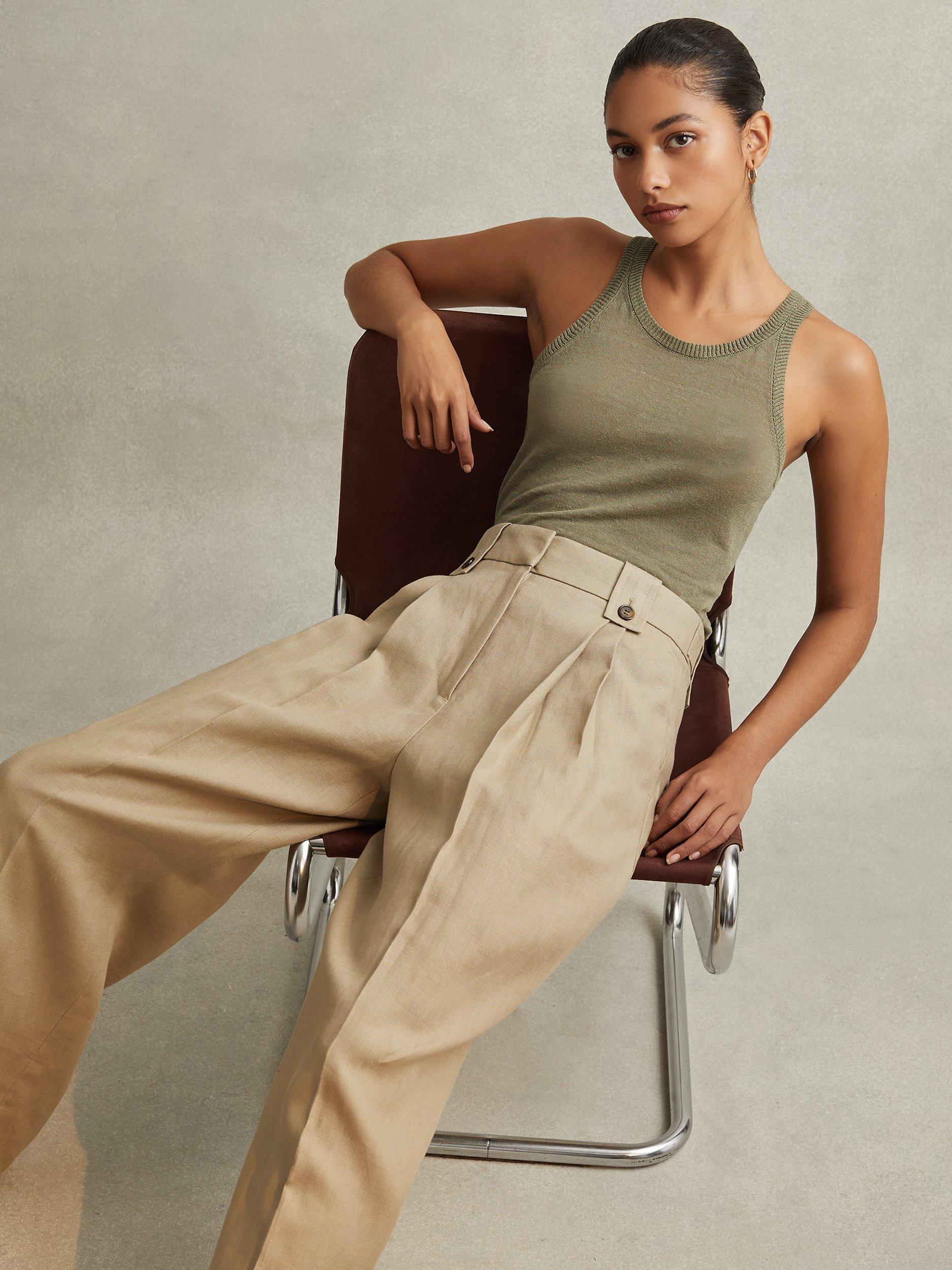 Reiss Petite Leila Wide Leg Linen Trousers, Light Khaki