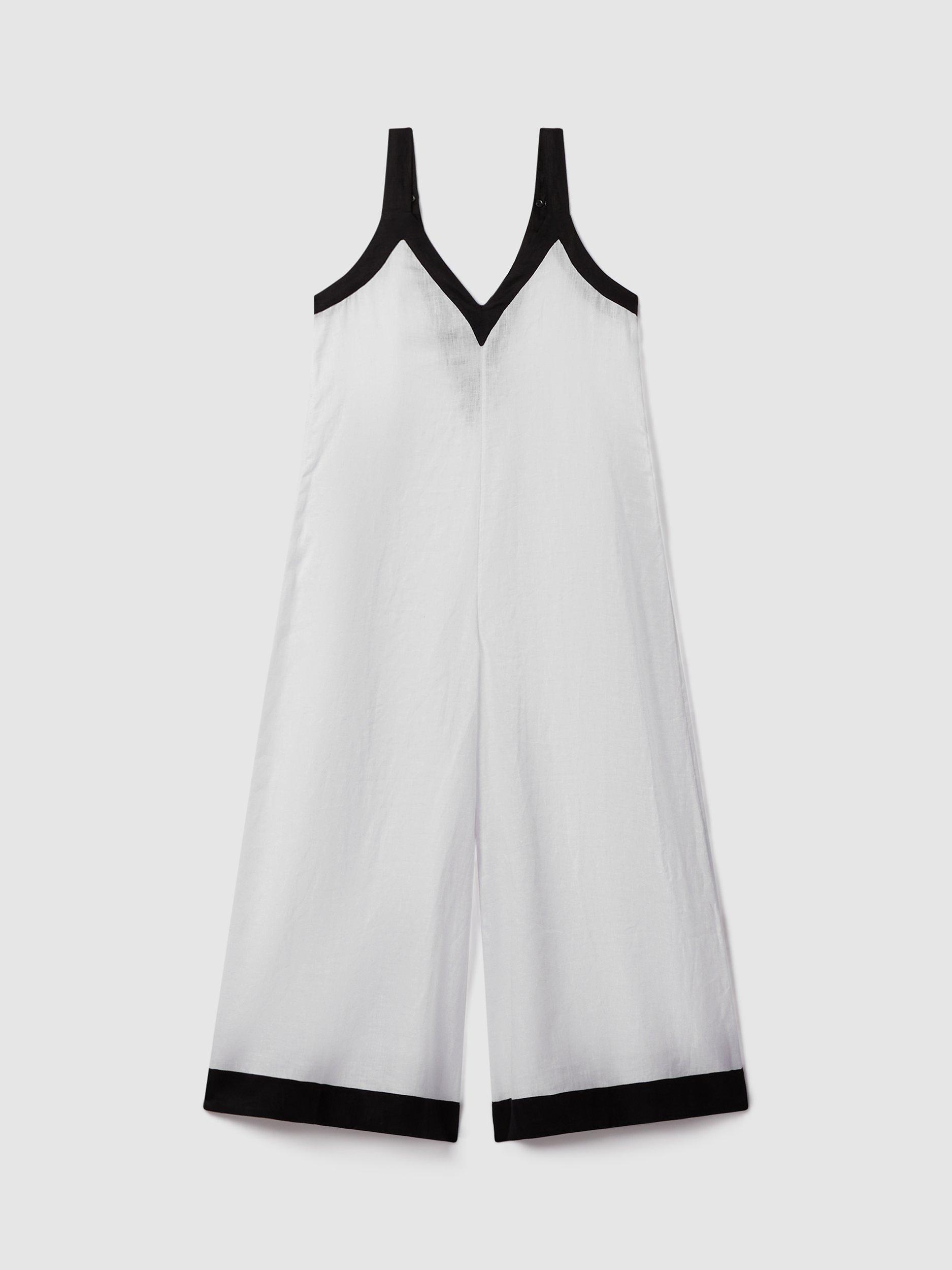Product image 5 of 5, which shows Reiss Aida Wide Leg Linen Jumpsuit, White/Navy, 6