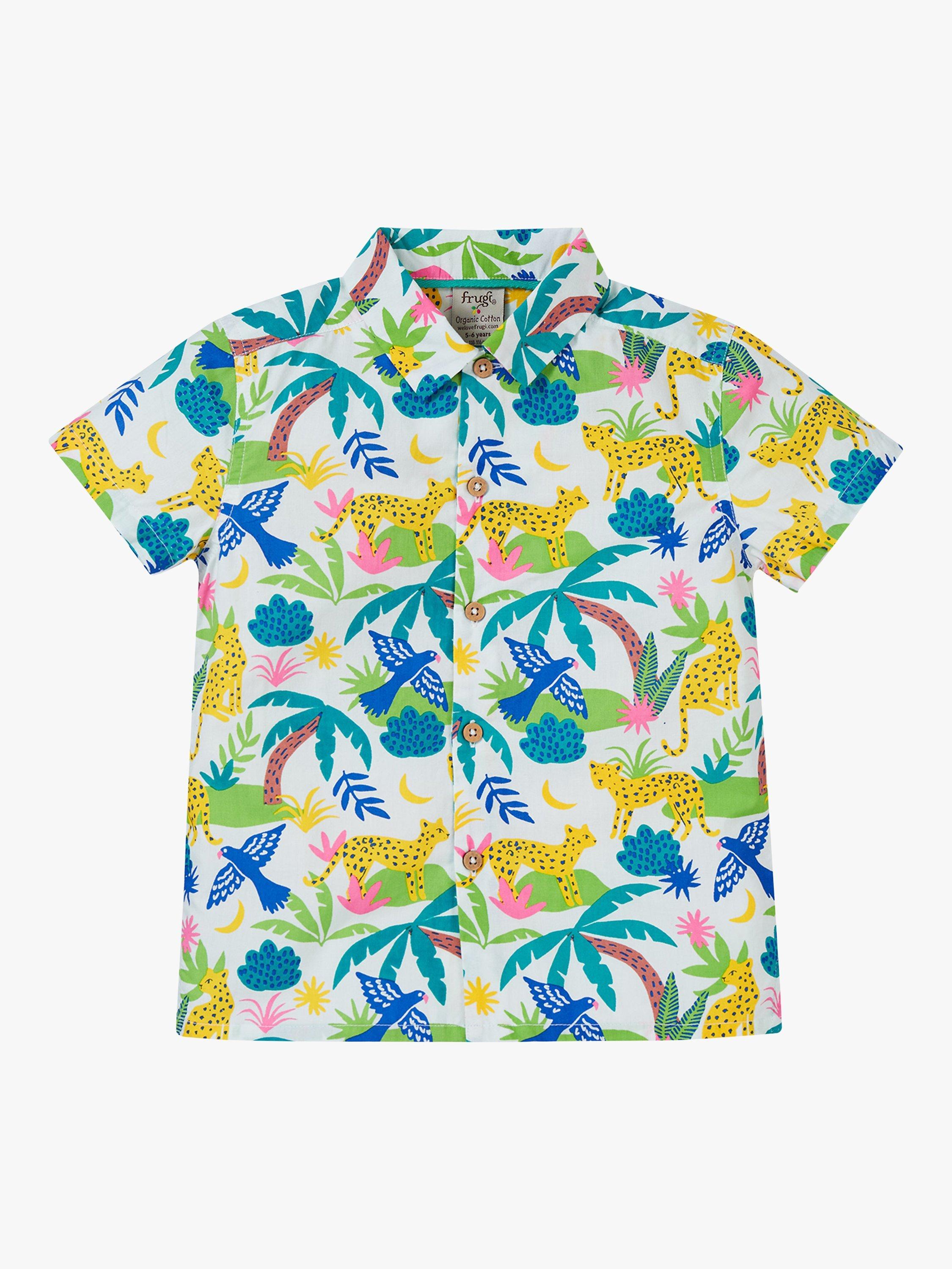 Product image 1 of 3, which shows Frugi Kids' Harvey Organic Cotton Jaguar Jungle Hawaiian Shirt, Multi, 3-4 years