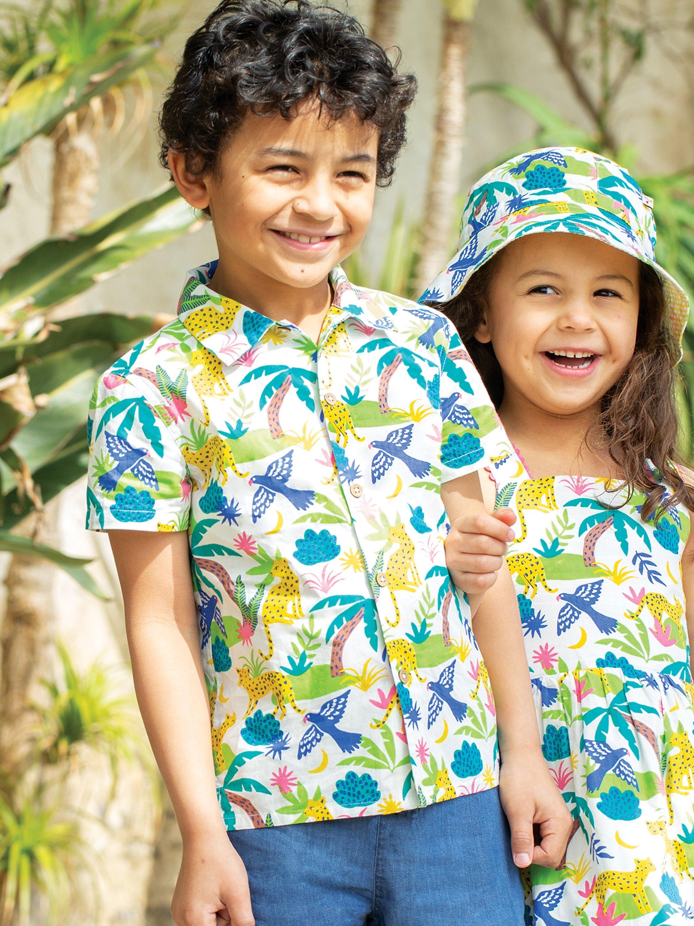 Product image 2 of 3, which shows Frugi Kids' Harvey Organic Cotton Jaguar Jungle Hawaiian Shirt, Multi, 3-4 years