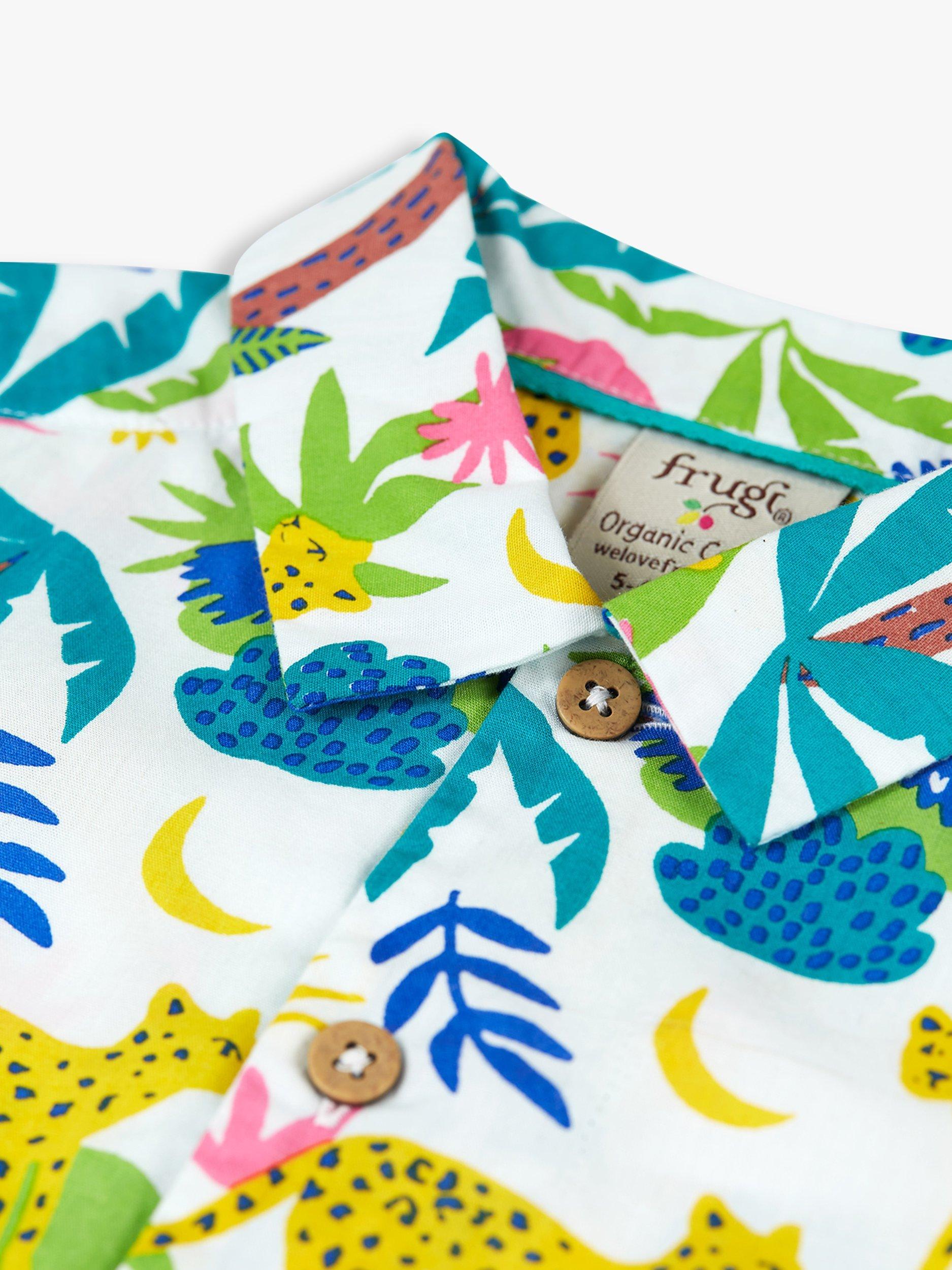 Product image 3 of 3, which shows Frugi Kids' Harvey Organic Cotton Jaguar Jungle Hawaiian Shirt, Multi, 3-4 years