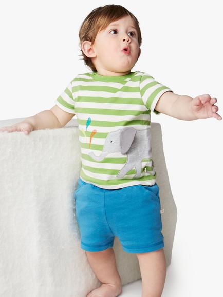 Frugi Baby Organic Cotton Easy On Wrap Around T-Shirt & Shorts Set, Kiwi Stripe/Elephant, Kiwi Stripe/Elephant