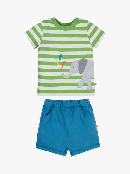 Frugi Baby Organic Cotton Easy On Wrap Around T-Shirt & Shorts Set, Kiwi Stripe/Elephant - view 2, Kiwi Stripe/Elephant