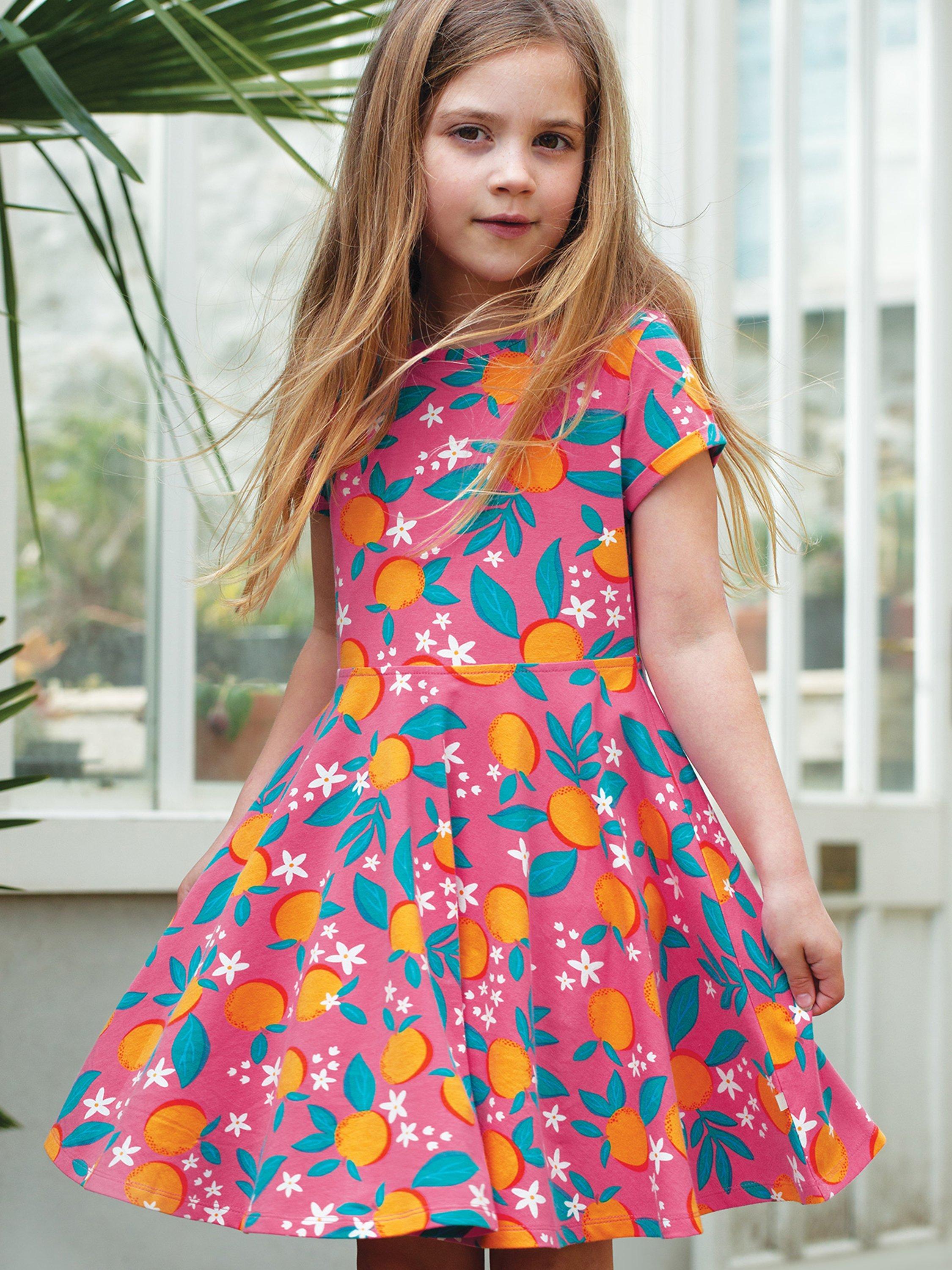 Frugi Kids Organic Cotton Summer Orange Blossom Skater Dress Pink Multi