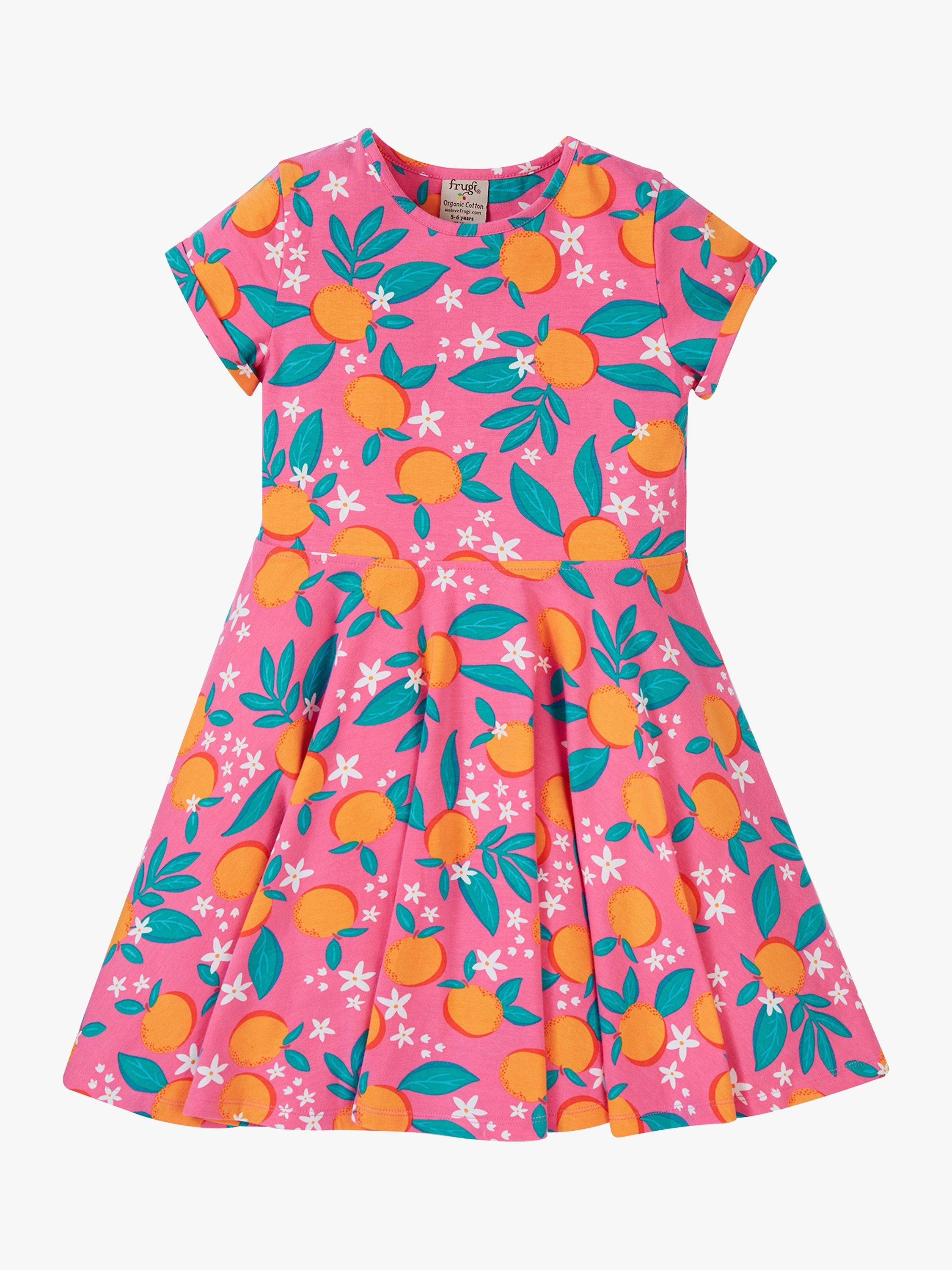 Product image 2 of 5, which shows Frugi Kids' Organic Cotton Summer Orange Blossom Skater Dress, Pink/Multi, 2-3 years