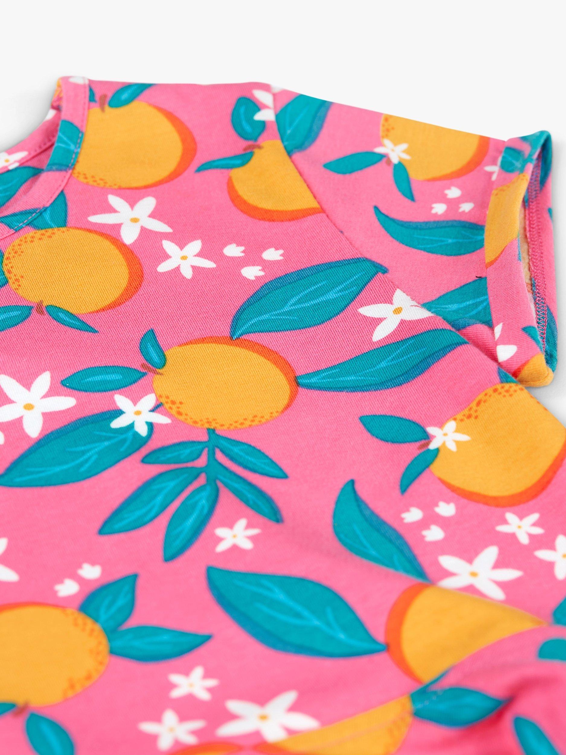 Product image 3 of 5, which shows Frugi Kids' Organic Cotton Summer Orange Blossom Skater Dress, Pink/Multi, 2-3 years