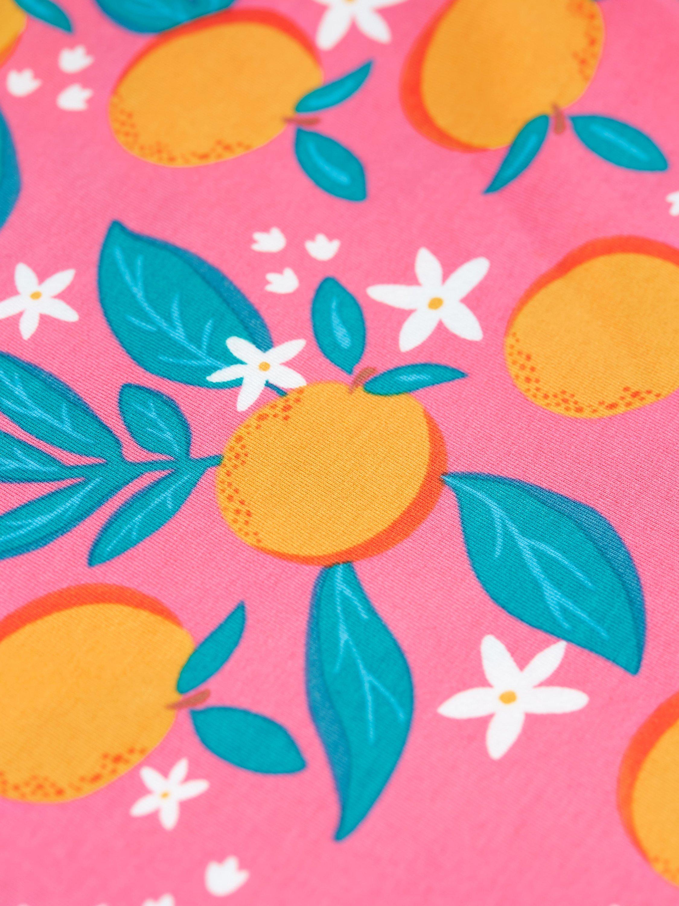 Product image 5 of 5, which shows Frugi Kids' Organic Cotton Summer Orange Blossom Skater Dress, Pink/Multi, 2-3 years