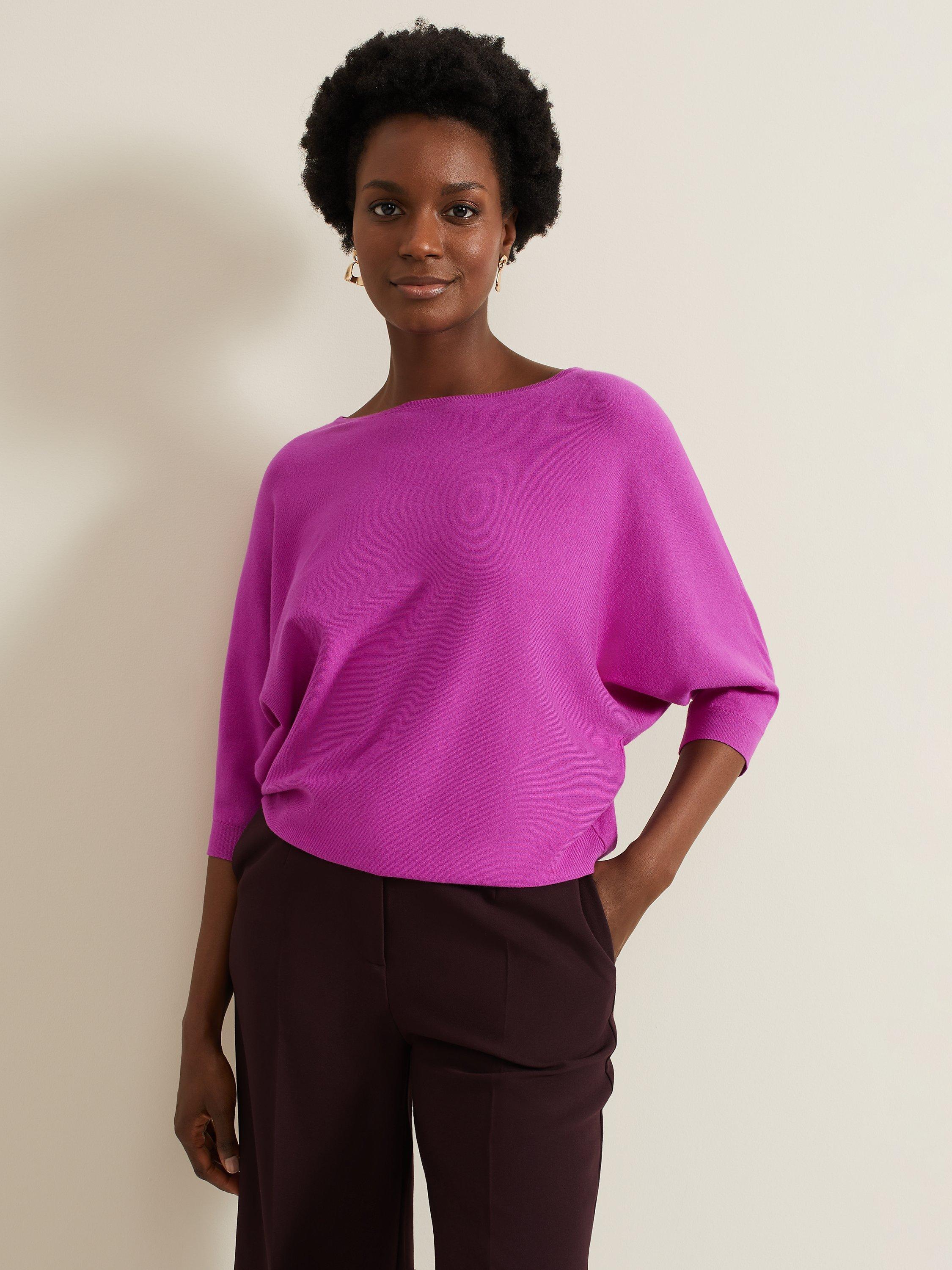 Product image 1 of 9, which shows Phase Eight Cristine Fine Knit Batwing Jumper, Purple, XS