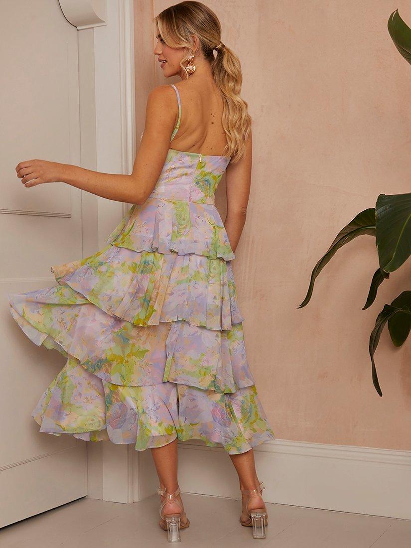 Product image 2 of 5, which shows Chi Chi London Sleeveless Watercolour Print Tiered Midi Dress, Multi, 6