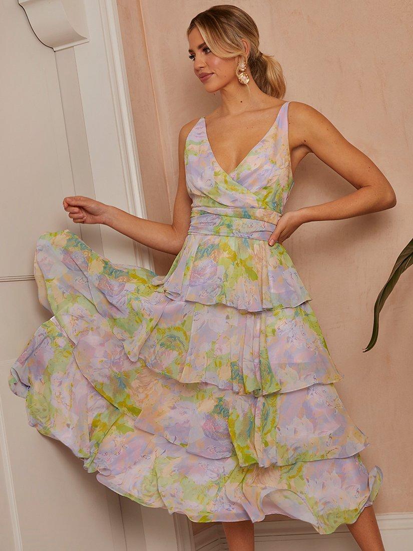 Product image 3 of 5, which shows Chi Chi London Sleeveless Watercolour Print Tiered Midi Dress, Multi, 6