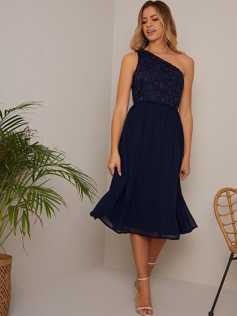 Chi Chi London One Shoulder Lace Chiffon Midi Dress Navy