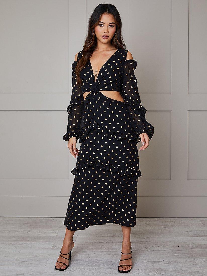 Product image 1 of 4, which shows Chi Chi London Foil Spot Midi Dress, Black, 4