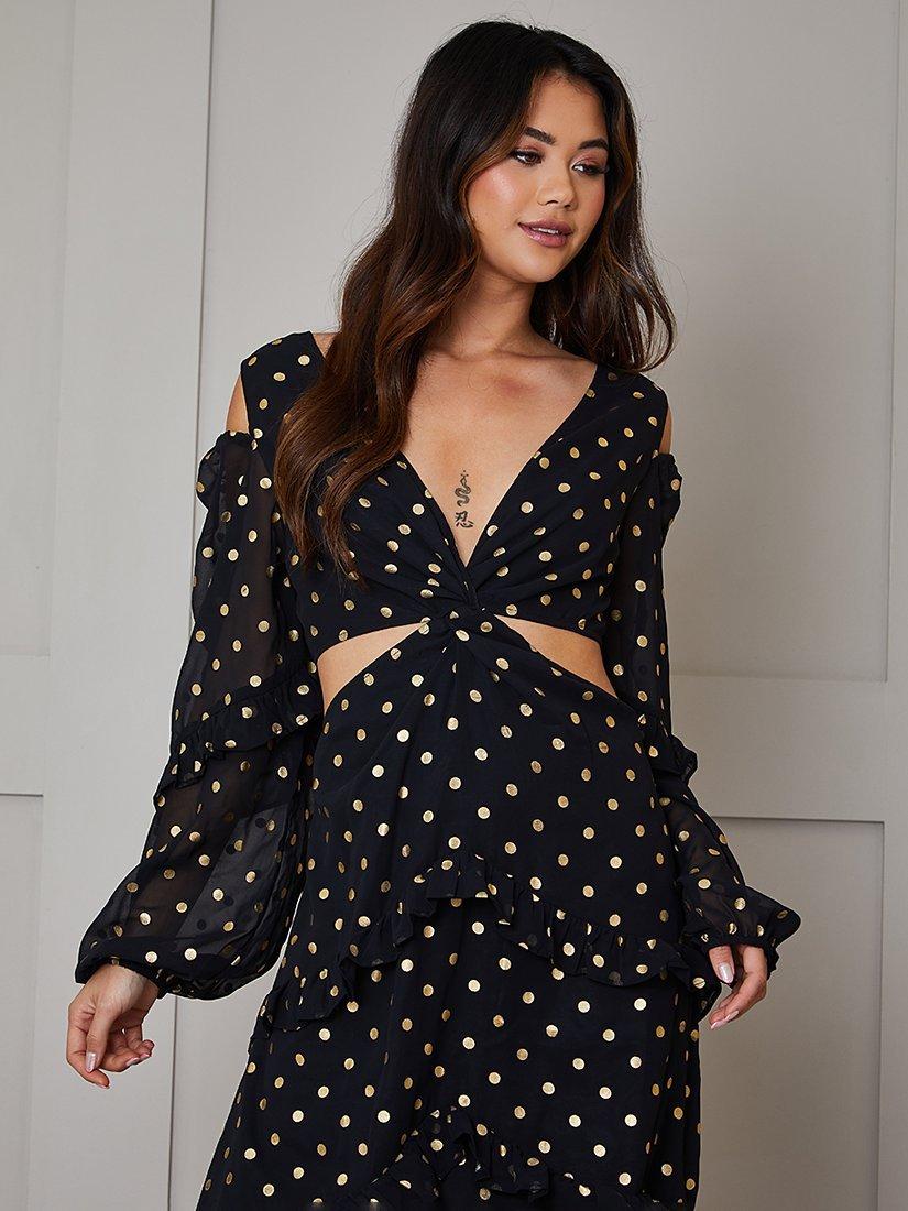 Product image 2 of 4, which shows Chi Chi London Foil Spot Midi Dress, Black, 4
