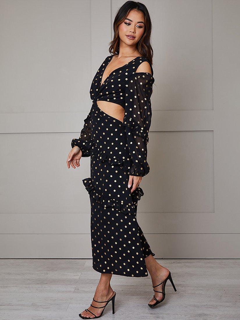 Product image 3 of 4, which shows Chi Chi London Foil Spot Midi Dress, Black, 4